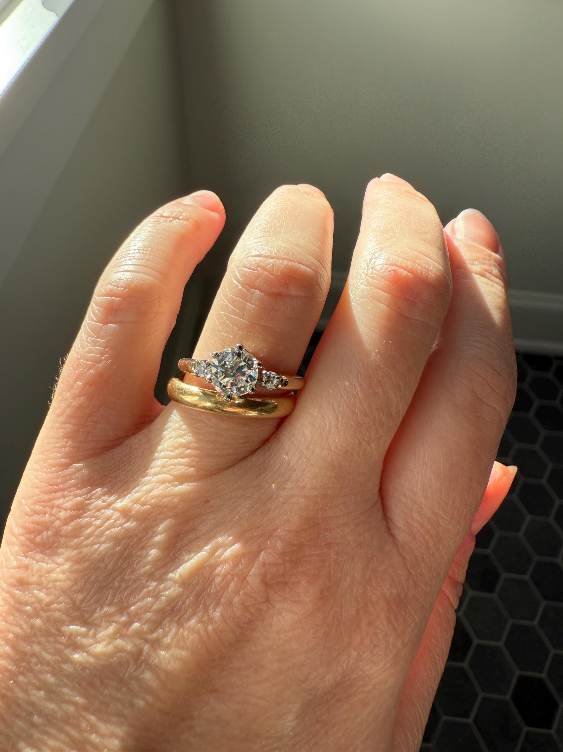 Vintage One CARAT Transitional Cut DIAMOND Eye Clean Solitaire Engagement Ring w/ accents 18k Gold Fiery Stacker