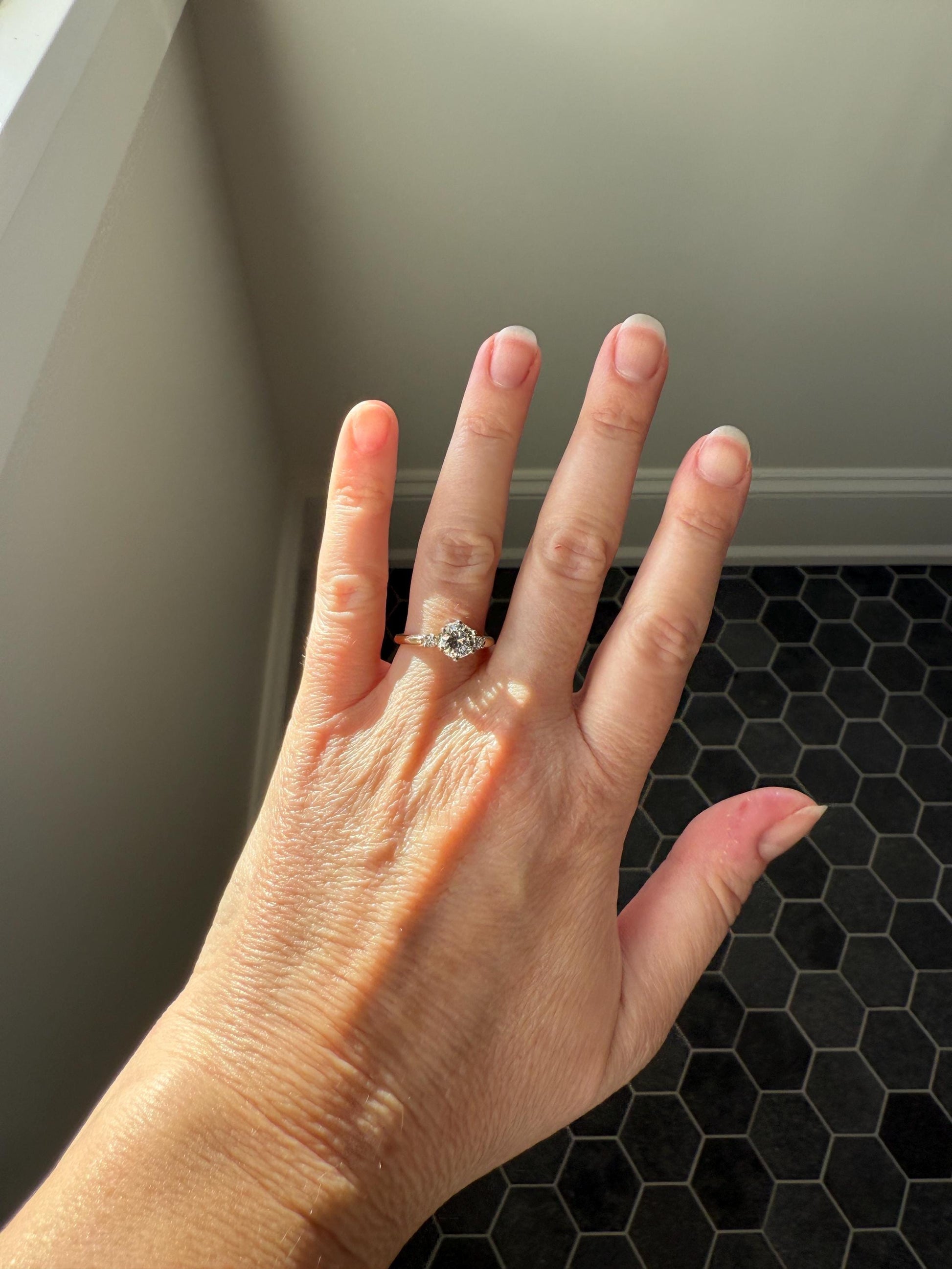 Vintage One CARAT Transitional Cut DIAMOND Eye Clean Solitaire Engagement Ring w/ accents 18k Gold Fiery Stacker