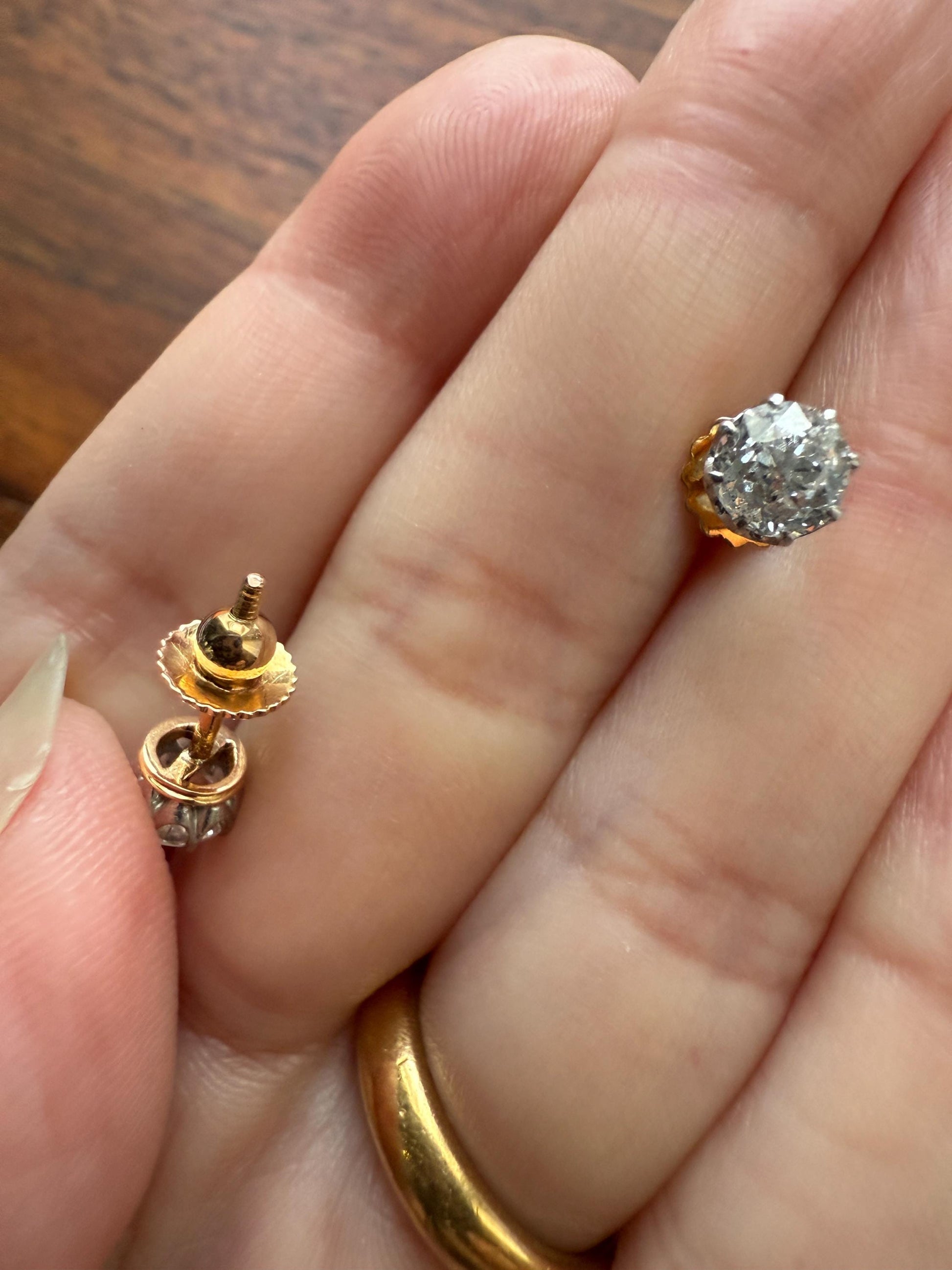 Antique 1.2 Carat Tdw Old Mine Cut DIAMOND Natural Studs 18k Gold Solid Screw Back Stud EARRINGS French Gift Belle Epoque Bridal Minimalist
