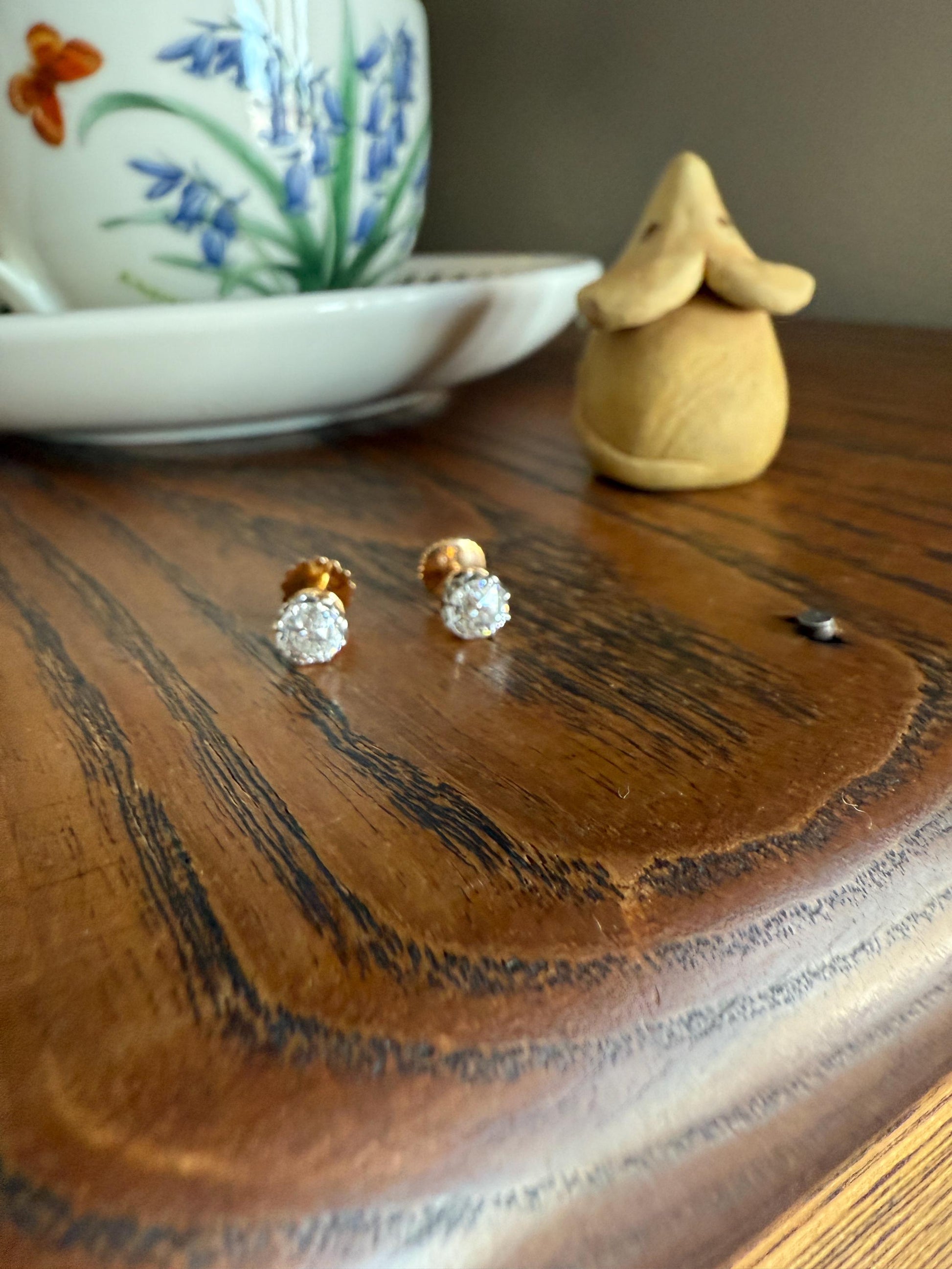 Antique 1.2 Carat Tdw Old Mine Cut DIAMOND Natural Studs 18k Gold Solid Screw Back Stud EARRINGS French Gift Belle Epoque Bridal Minimalist