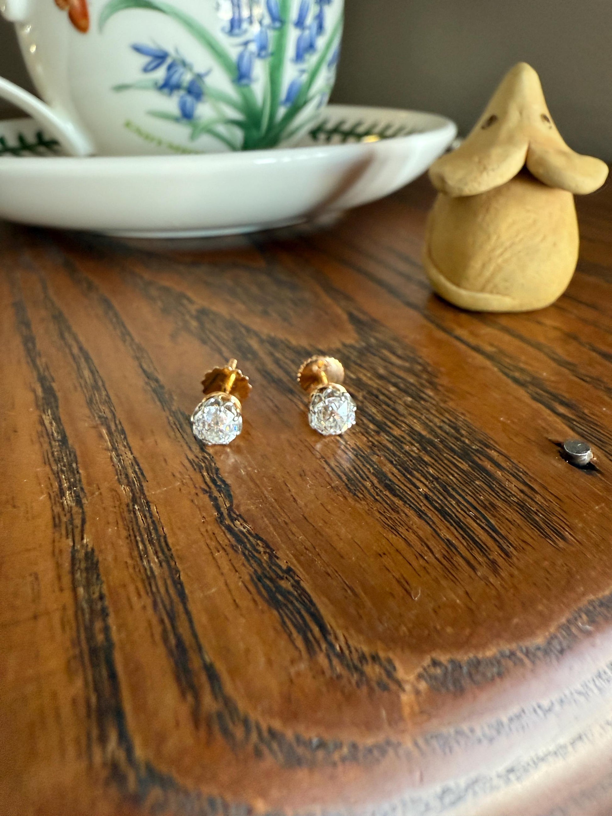 Antique 1.2 Carat Tdw Old Mine Cut DIAMOND Natural Studs 18k Gold Solid Screw Back Stud EARRINGS French Gift Belle Epoque Bridal Minimalist