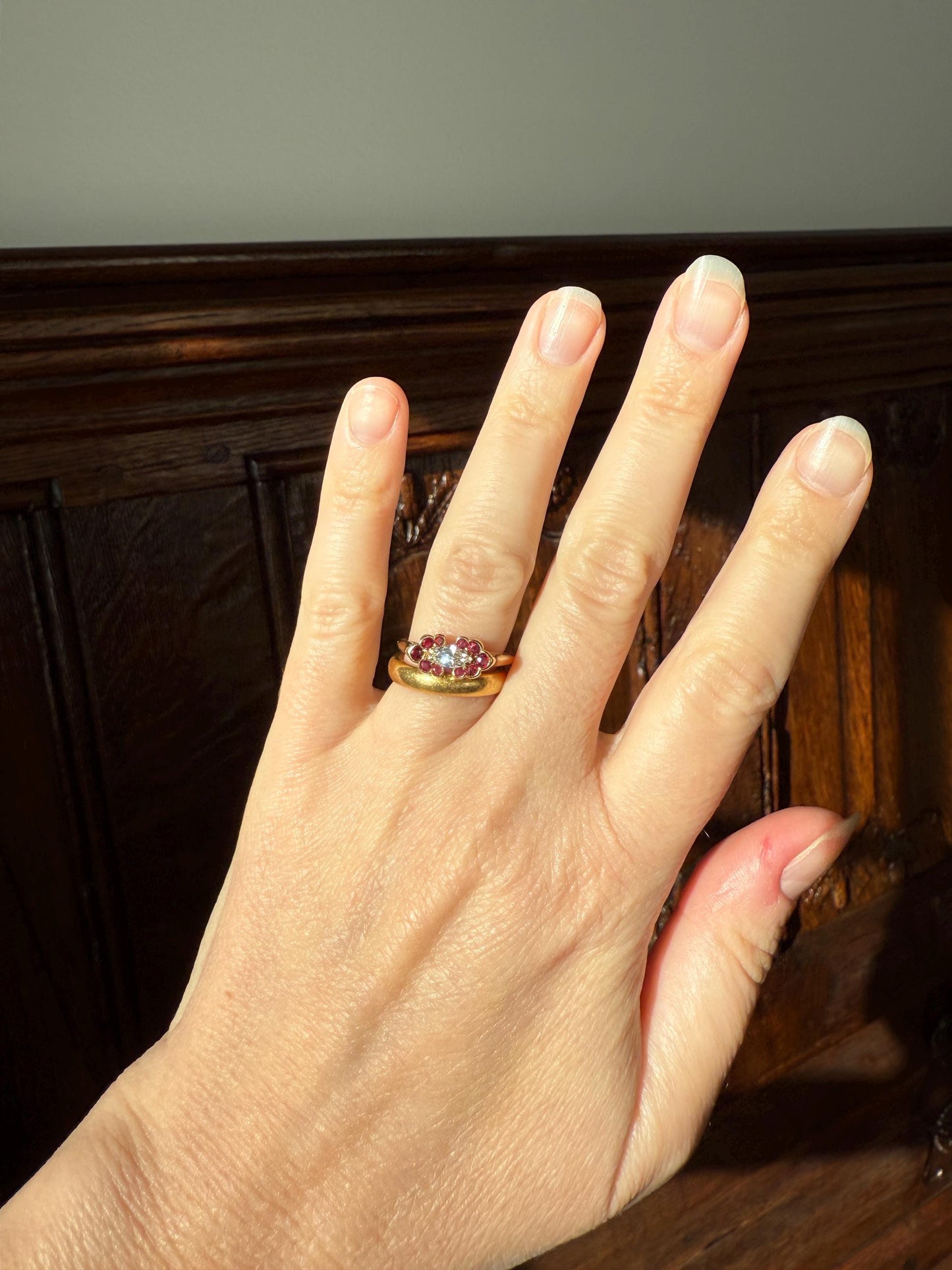 Boxed PIAGET Vintage East West MARQUISE Diamond Scalloped Ruby Halo 18k Gold Ring French Navette Cut Stacker