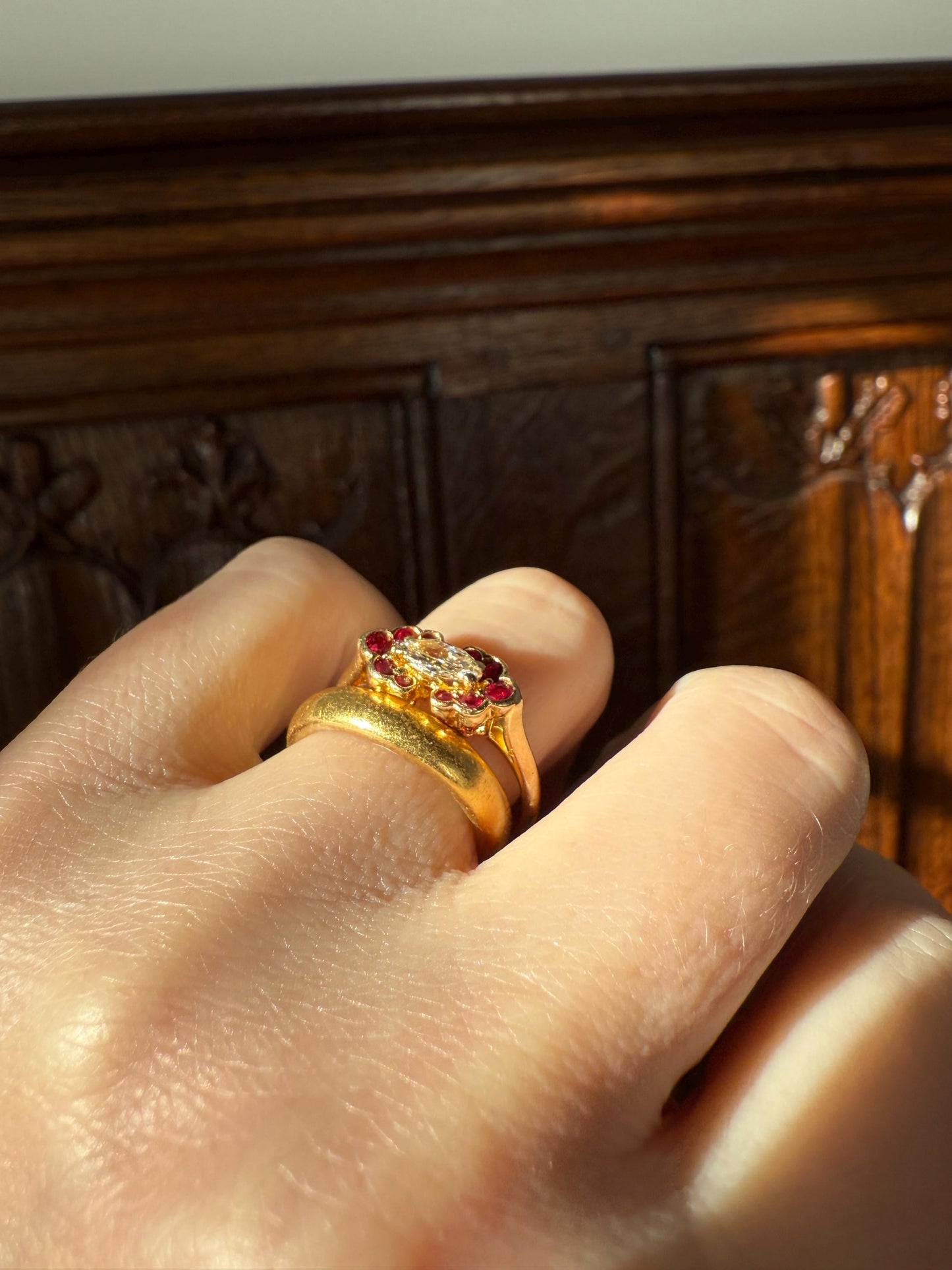 Boxed PIAGET Vintage East West MARQUISE Diamond Scalloped Ruby Halo 18k Gold Ring French Navette Cut Stacker