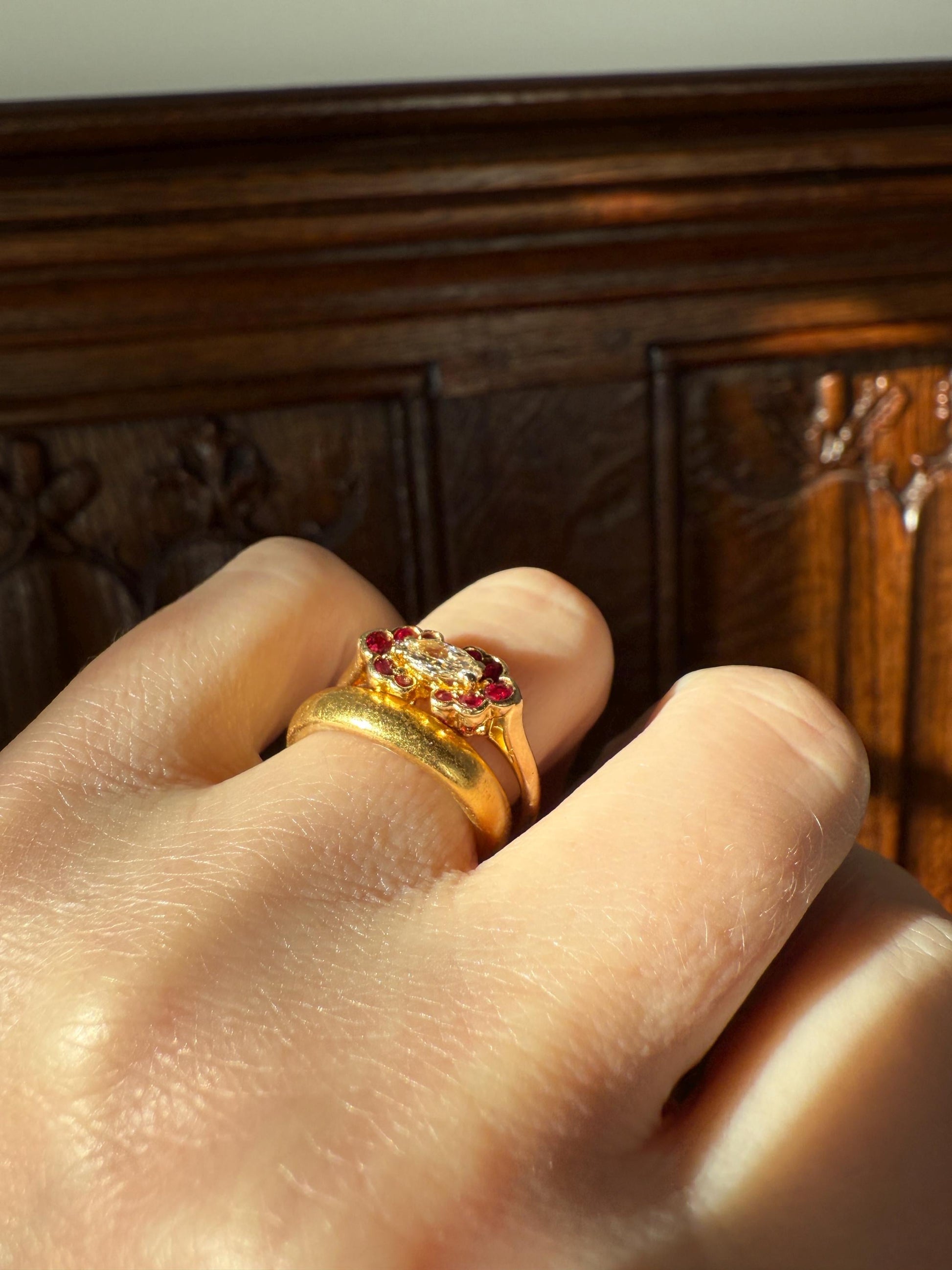 Boxed PIAGET Vintage East West MARQUISE Diamond Scalloped Ruby Halo 18k Gold Ring French Navette Cut Stacker