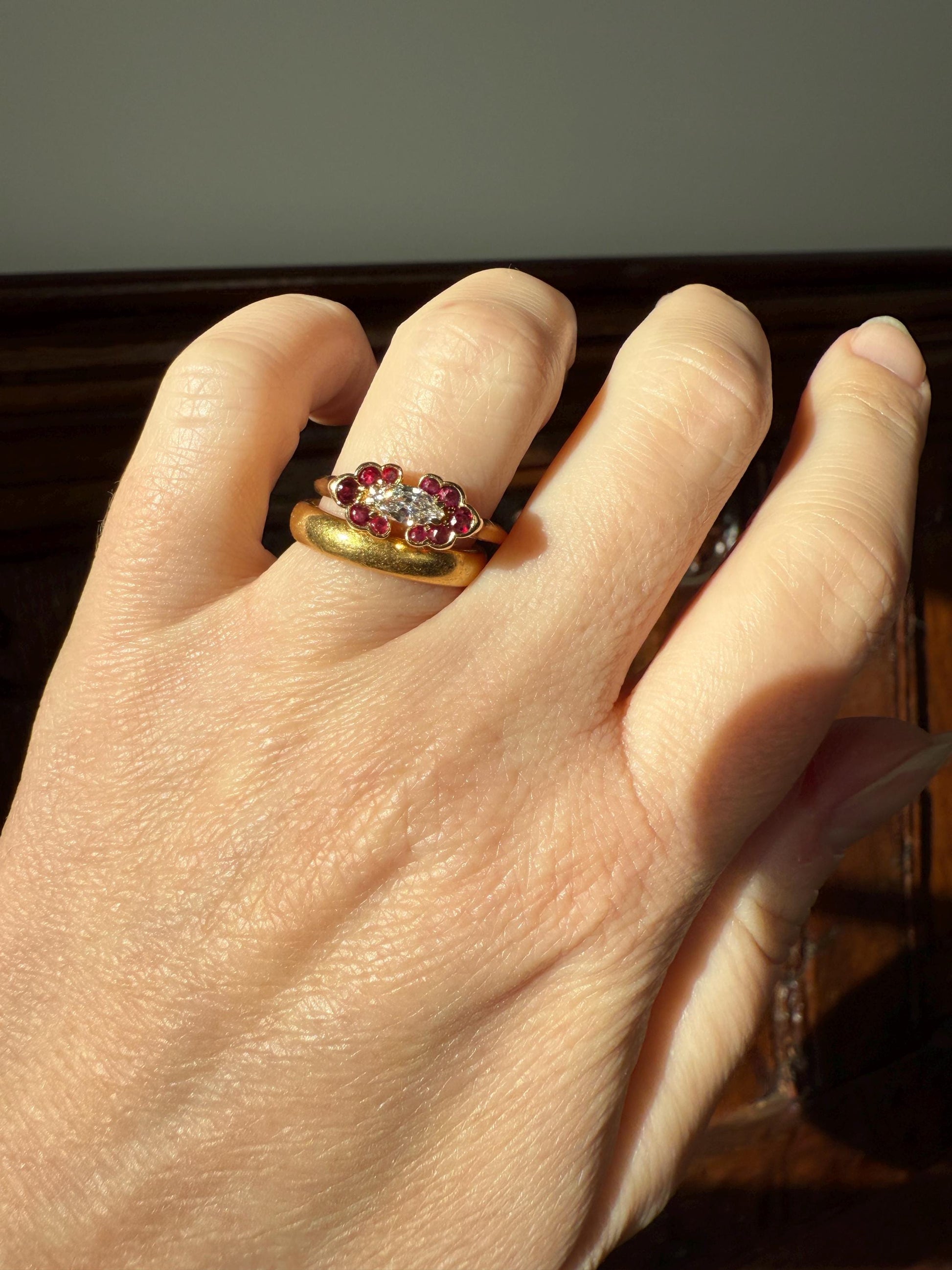 Boxed PIAGET Vintage East West MARQUISE Diamond Scalloped Ruby Halo 18k Gold Ring French Navette Cut Stacker