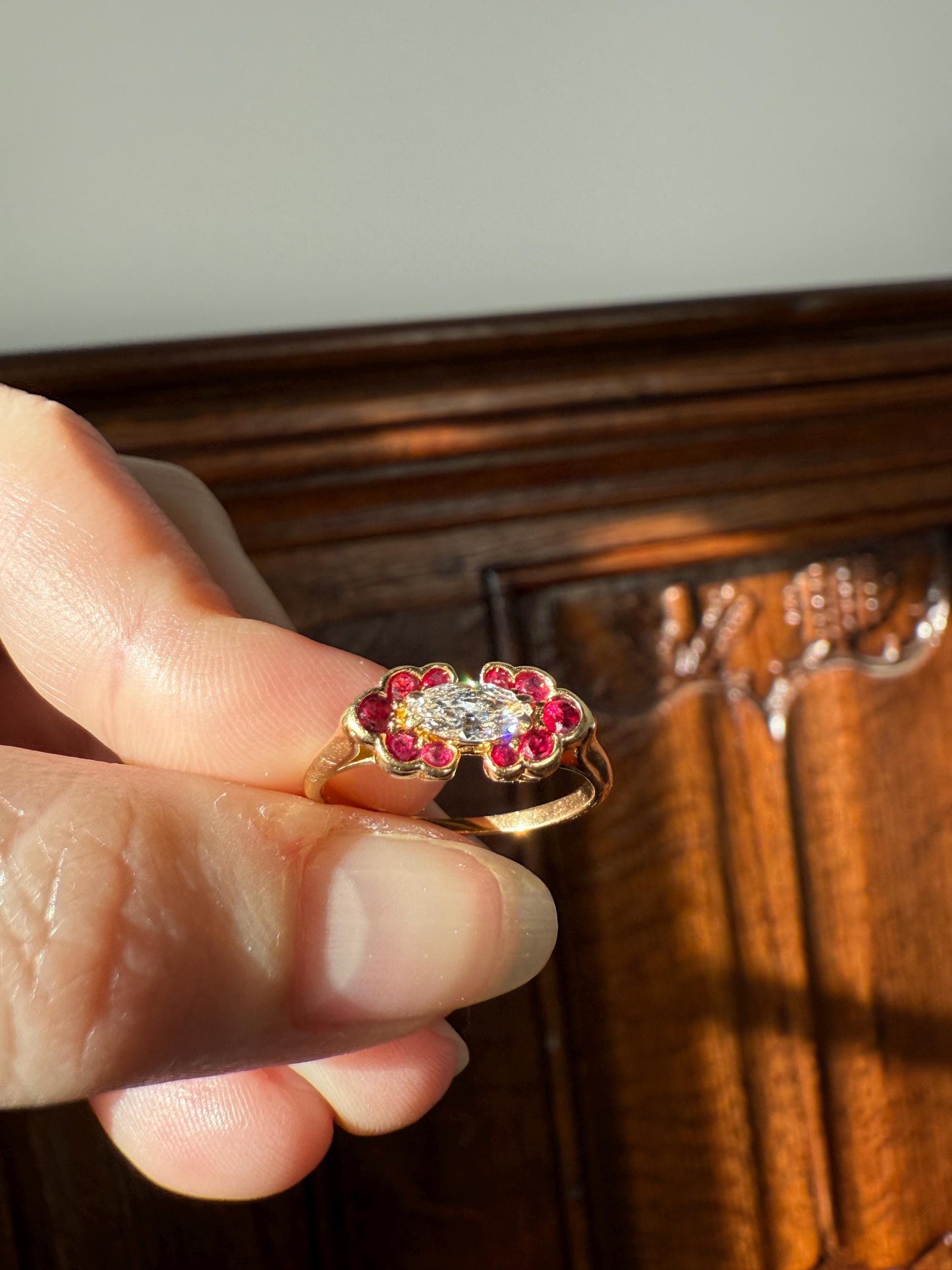 Boxed PIAGET Vintage East West MARQUISE Diamond Scalloped Ruby Halo 18k Gold Ring French Navette Cut Stacker