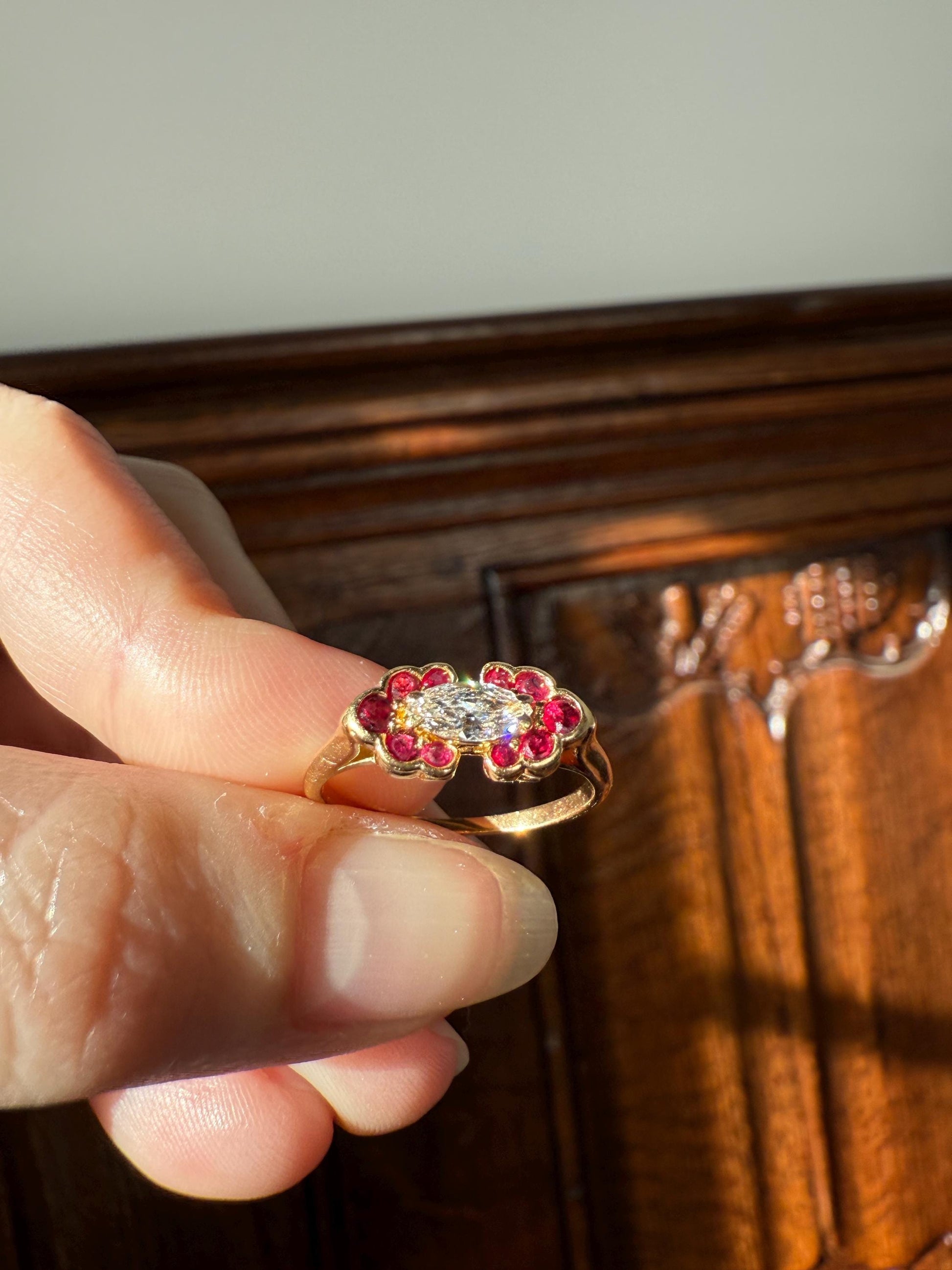 Boxed PIAGET Vintage East West MARQUISE Diamond Scalloped Ruby Halo 18k Gold Ring French Navette Cut Stacker