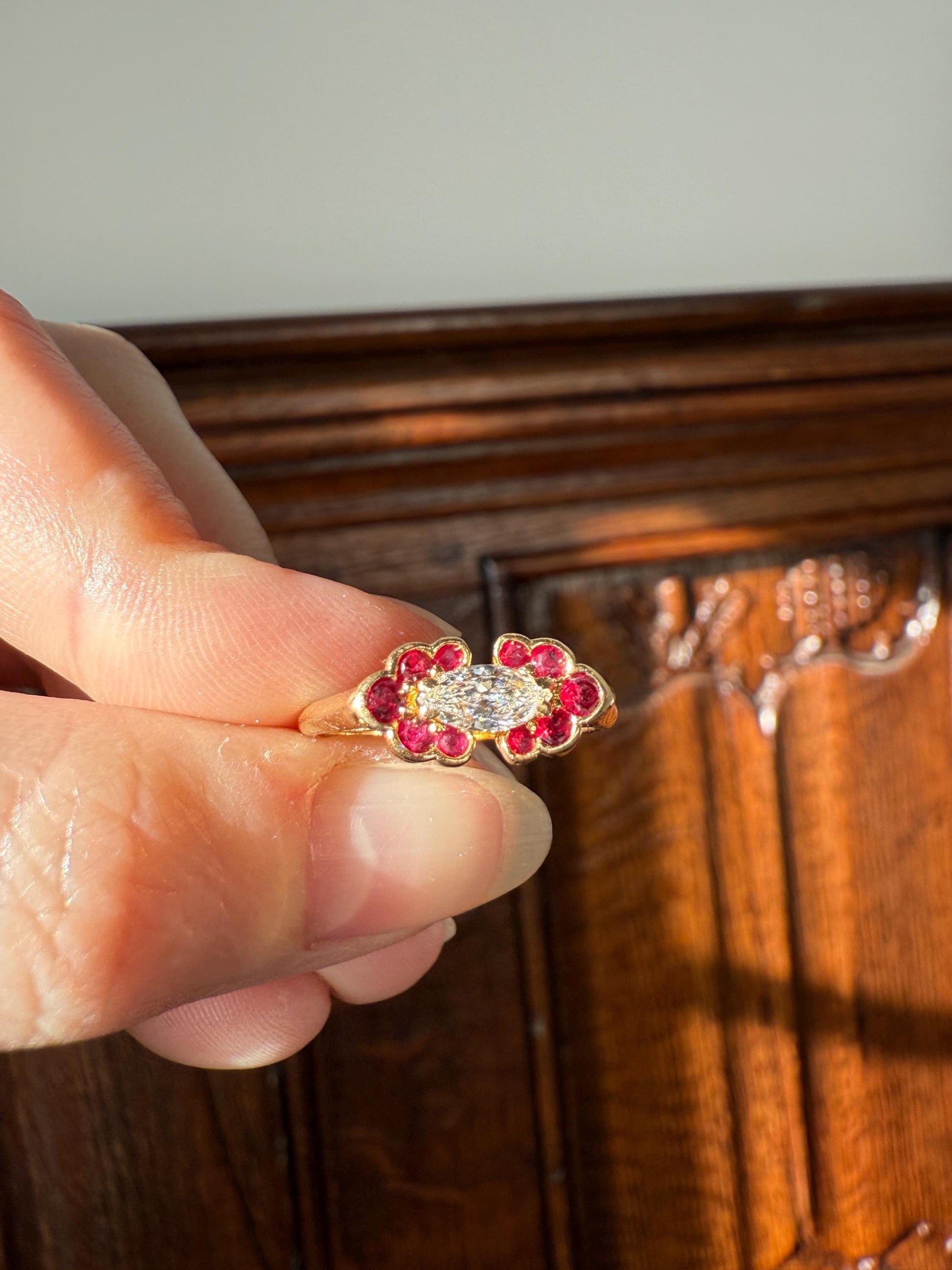 Boxed PIAGET Vintage East West MARQUISE Diamond Scalloped Ruby Halo 18k Gold Ring French Navette Cut Stacker