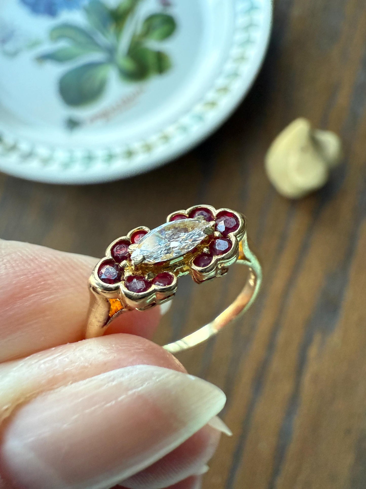 Boxed PIAGET Vintage East West MARQUISE Diamond Scalloped Ruby Halo 18k Gold Ring French Navette Cut Stacker