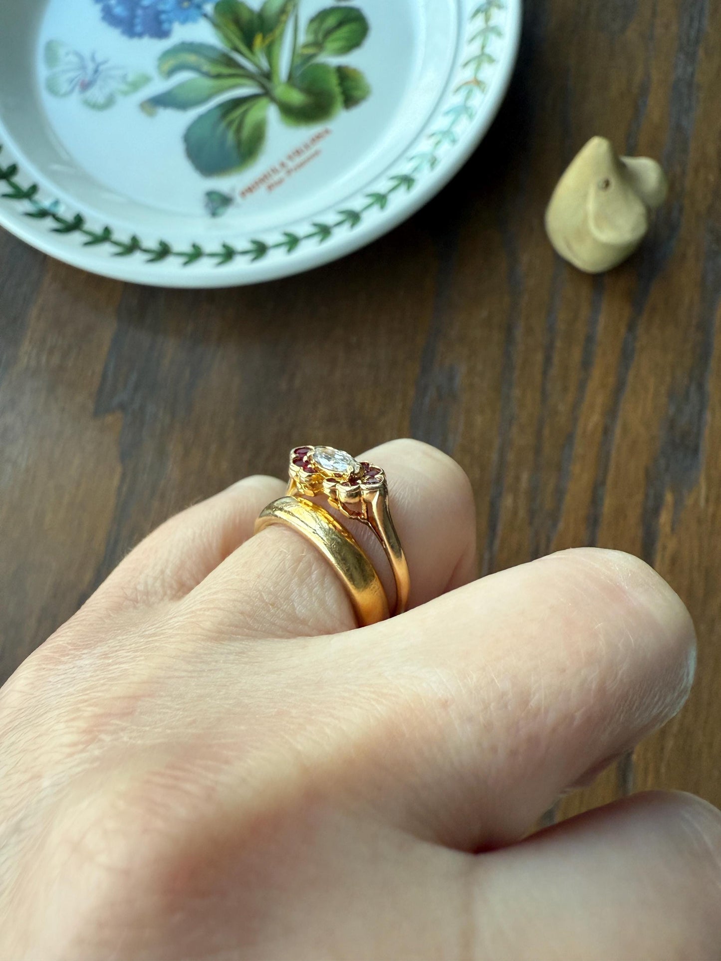 Boxed PIAGET Vintage East West MARQUISE Diamond Scalloped Ruby Halo 18k Gold Ring French Navette Cut Stacker