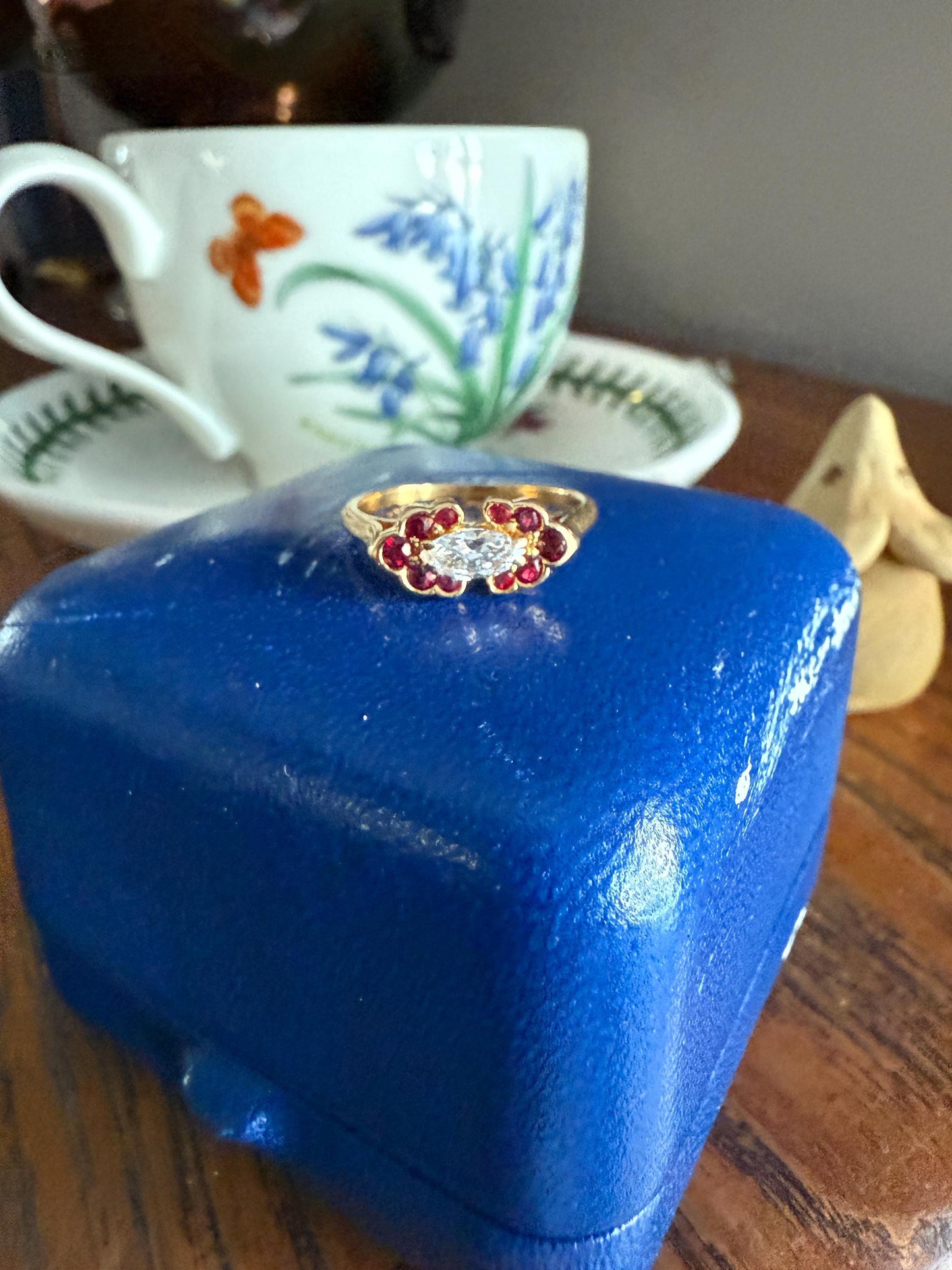 Boxed PIAGET Vintage East West MARQUISE Diamond Scalloped Ruby Halo 18k Gold Ring French Navette Cut Stacker