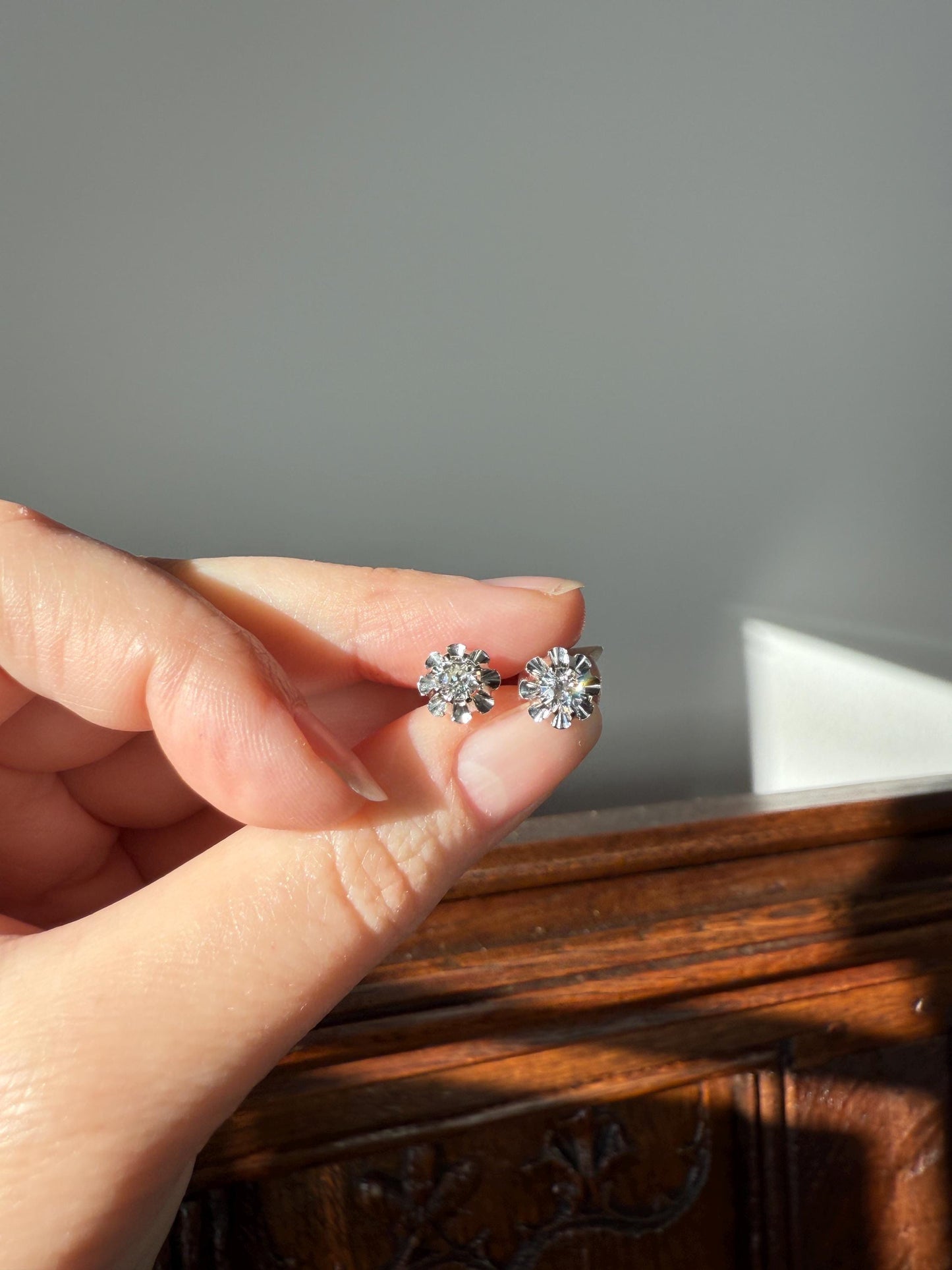 Antique .7 Carat Tdw Old Mine Cut DIAMOND Natural Stud Earrings 18k White Gold Bridal Something Old Minimalist OMC