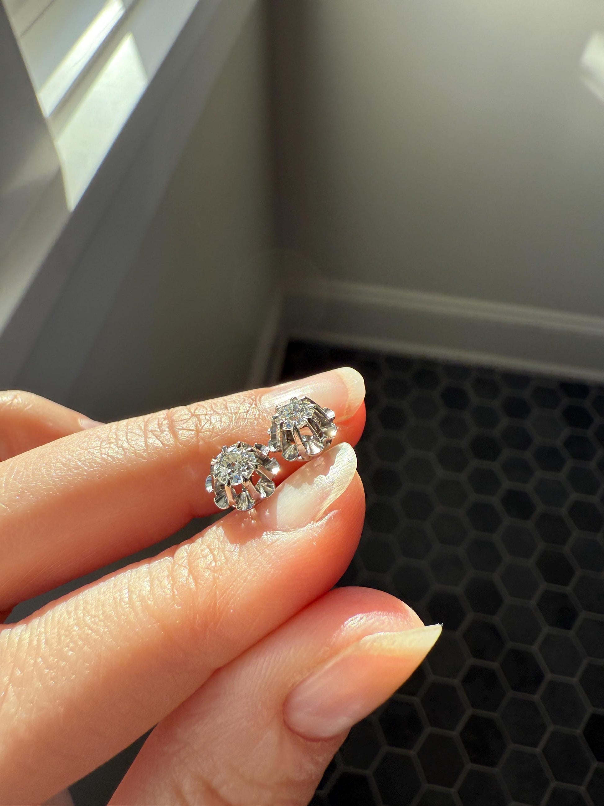 Antique .7 Carat Tdw Old Mine Cut DIAMOND Natural Stud Earrings 18k White Gold Bridal Something Old Minimalist OMC