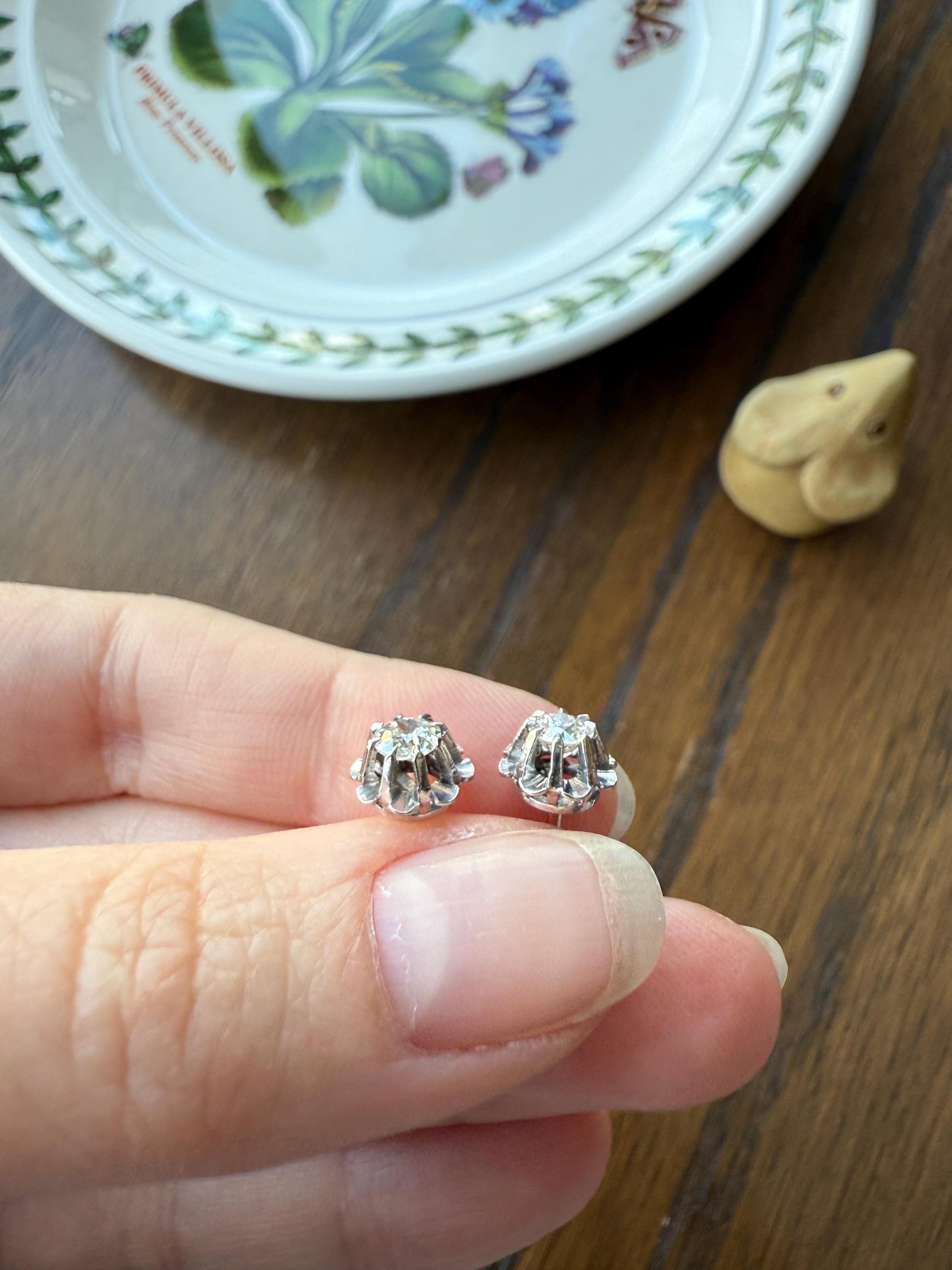 Antique .7 Carat Tdw Old Mine Cut DIAMOND Natural Stud Earrings 18k White Gold Bridal Something Old Minimalist OMC