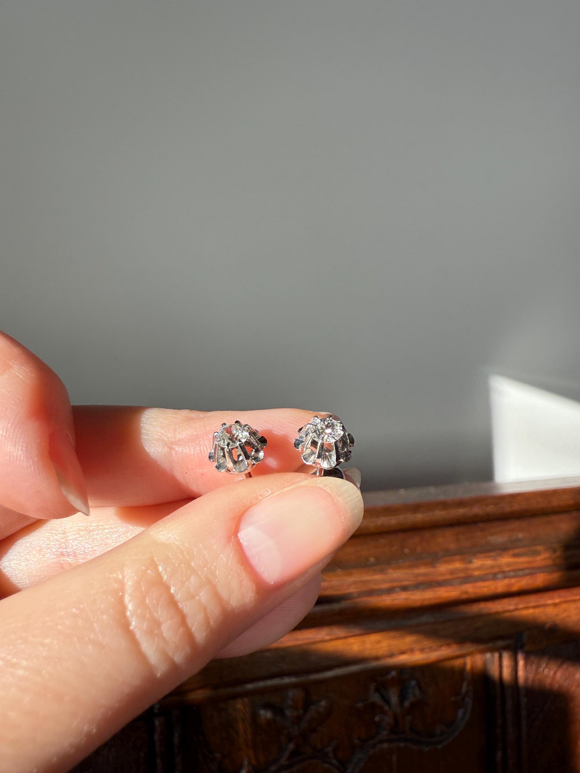Antique .7 Carat Tdw Old Mine Cut DIAMOND Natural Stud Earrings 18k White Gold Bridal Something Old Minimalist OMC