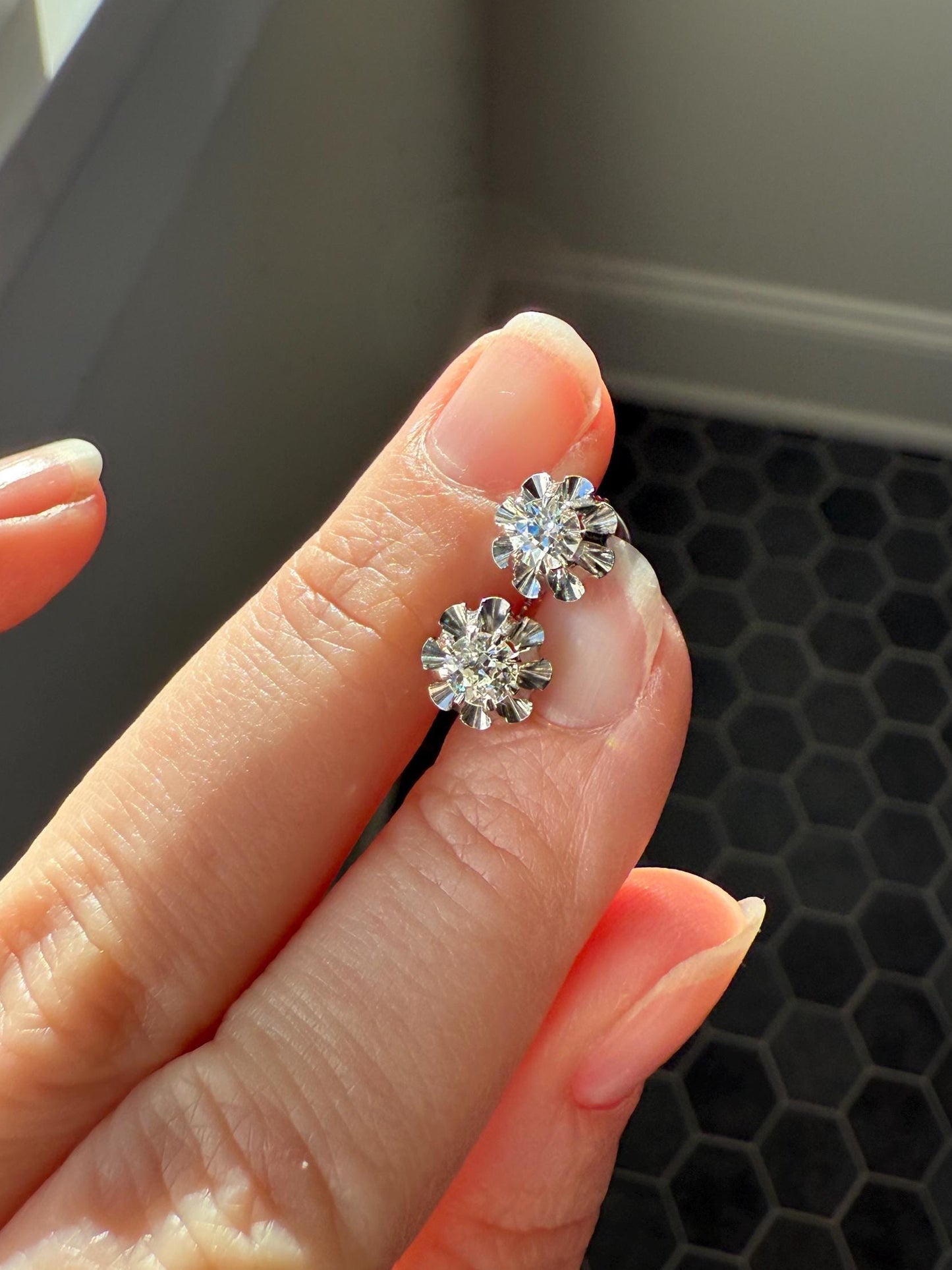 Antique .7 Carat Tdw Old Mine Cut DIAMOND Natural Stud Earrings 18k White Gold Bridal Something Old Minimalist OMC