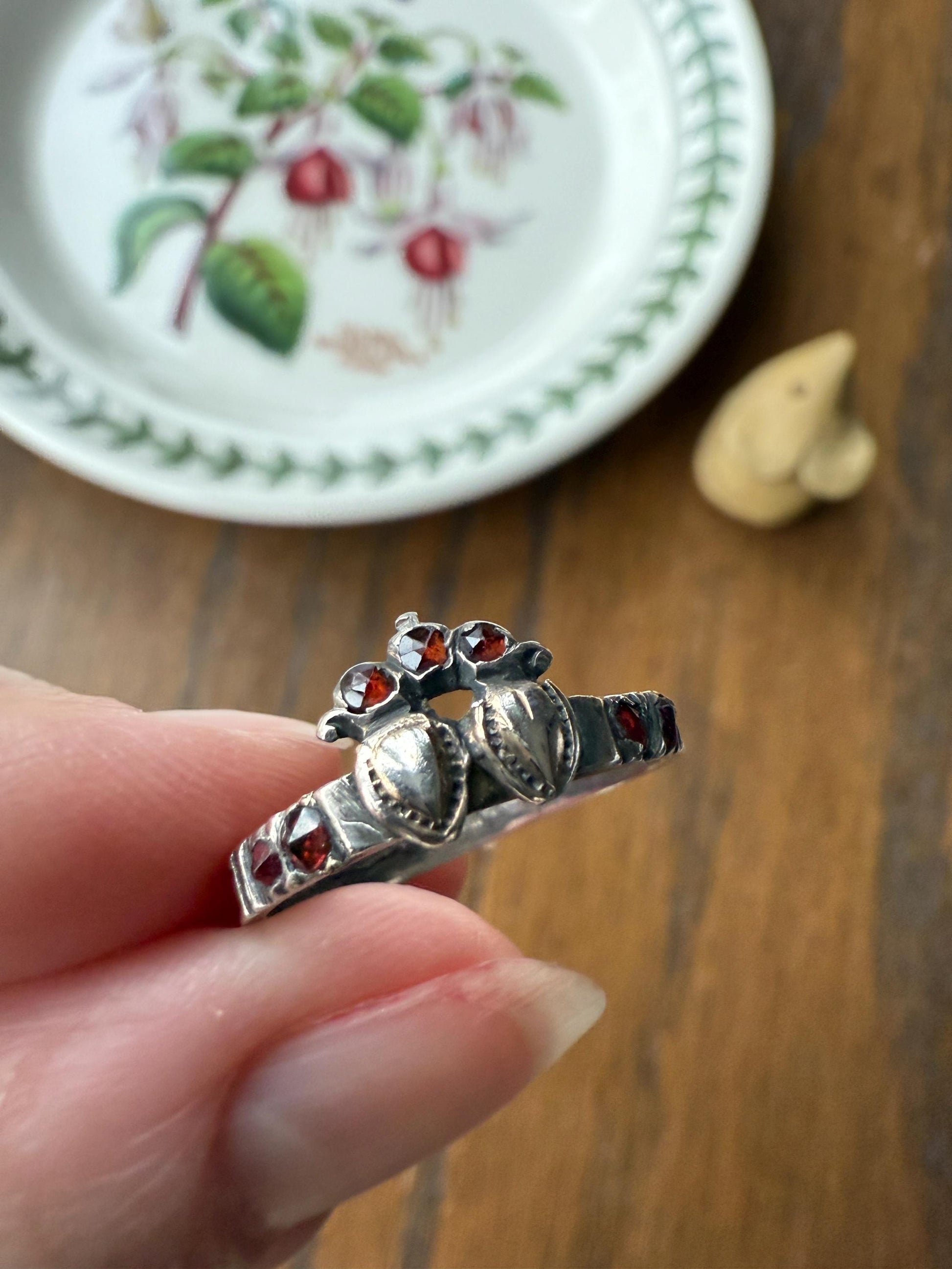 Duchess Anne Victorian Antique Crowned Two Hearts Garnets French Betrothal Ring Solid Silver Figural Traditional Engagement Unique Stacker