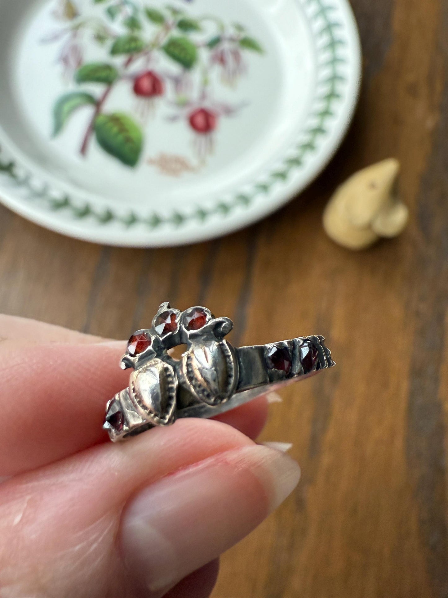 Duchess Anne Victorian Antique Crowned Two Hearts Garnets French Betrothal Ring Solid Silver Figural Traditional Engagement Unique Stacker