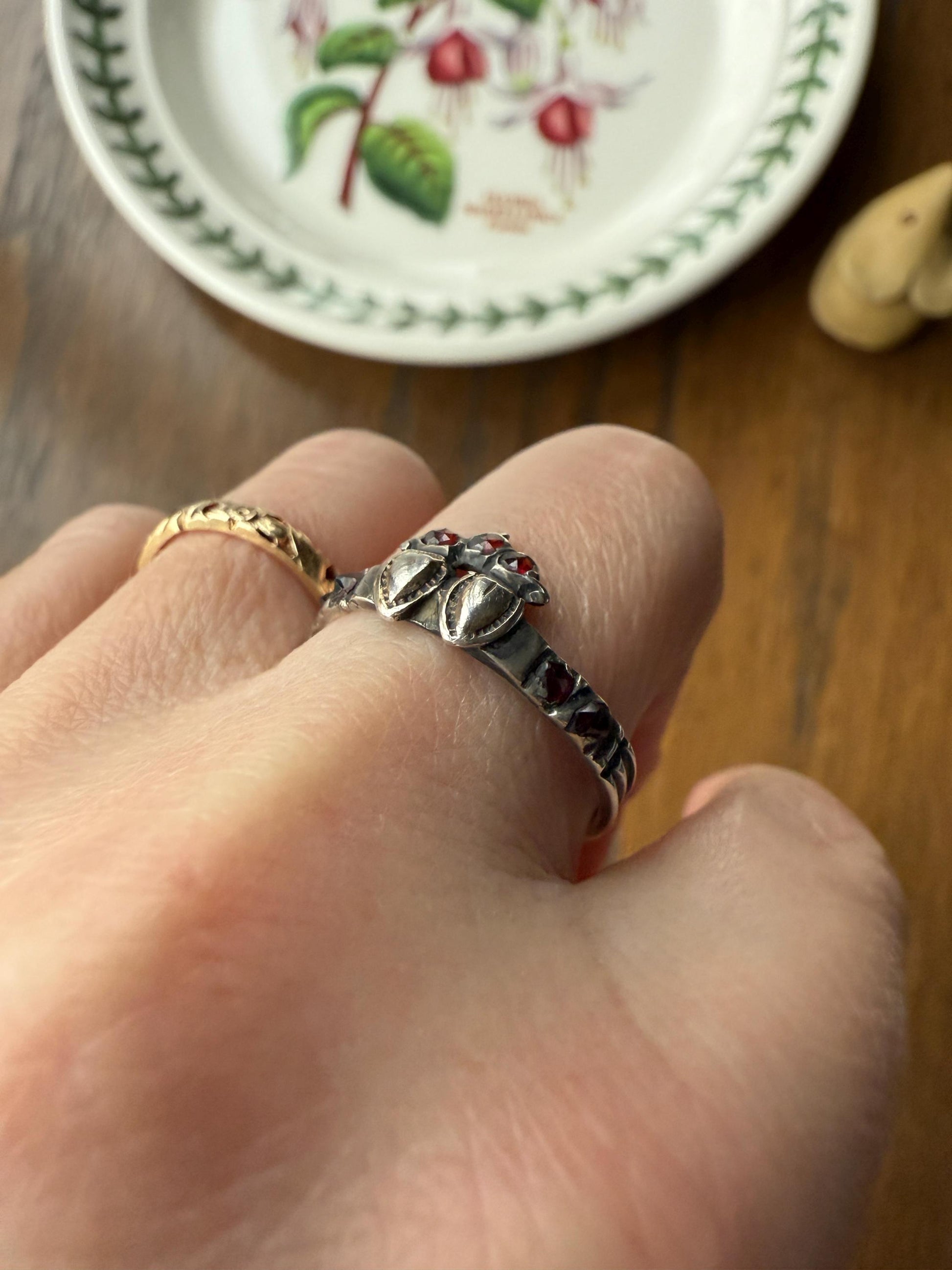 Duchess Anne Victorian Antique Crowned Two Hearts Garnets French Betrothal Ring Solid Silver Figural Traditional Engagement Unique Stacker