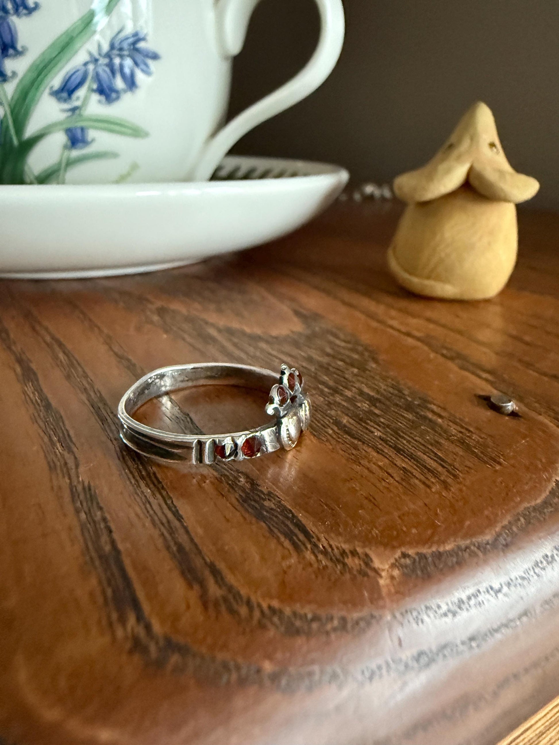 Duchess Anne Victorian Antique Crowned Two Hearts Garnets French Betrothal Ring Solid Silver Figural Traditional Engagement Unique Stacker