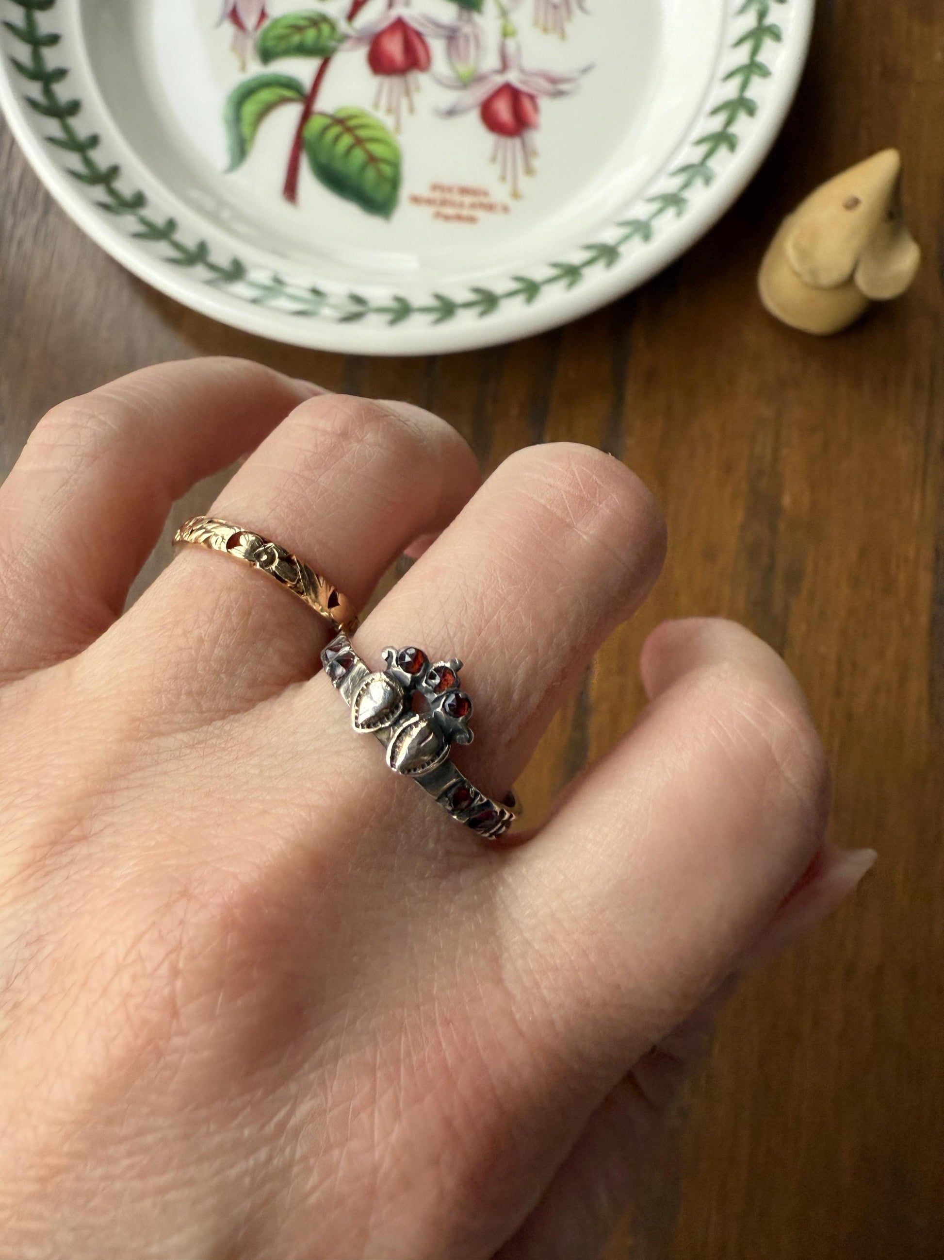 Duchess Anne Victorian Antique Crowned Two Hearts Garnets French Betrothal Ring Solid Silver Figural Traditional Engagement Unique Stacker
