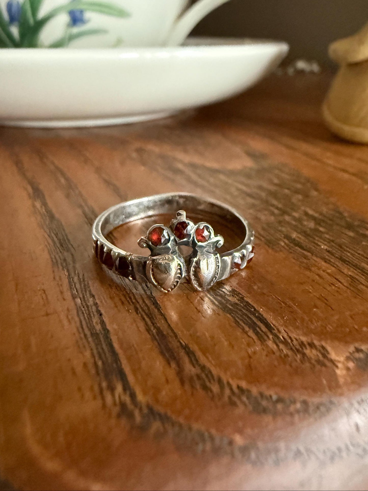 Duchess Anne Victorian Antique Crowned Two Hearts Garnets French Betrothal Ring Solid Silver Figural Traditional Engagement Unique Stacker