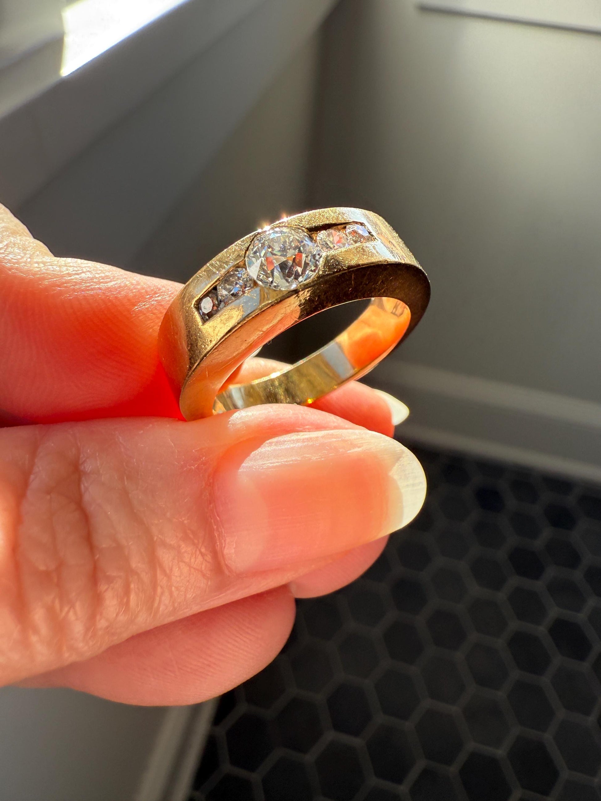 Chunky Unisex Eye Clean .9 Carat Ctw Old Mine Cut DIAMOND Cigar Band Heavy 8.2g 18k Gold Gypsy Ring Stacker Five Stone Vintage to Antique