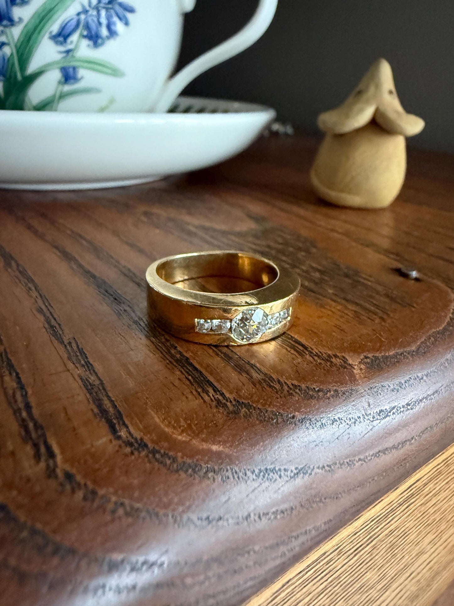 Chunky Unisex Eye Clean .9 Carat Ctw Old Mine Cut DIAMOND Cigar Band Heavy 8.2g 18k Gold Gypsy Ring Stacker Five Stone Vintage to Antique