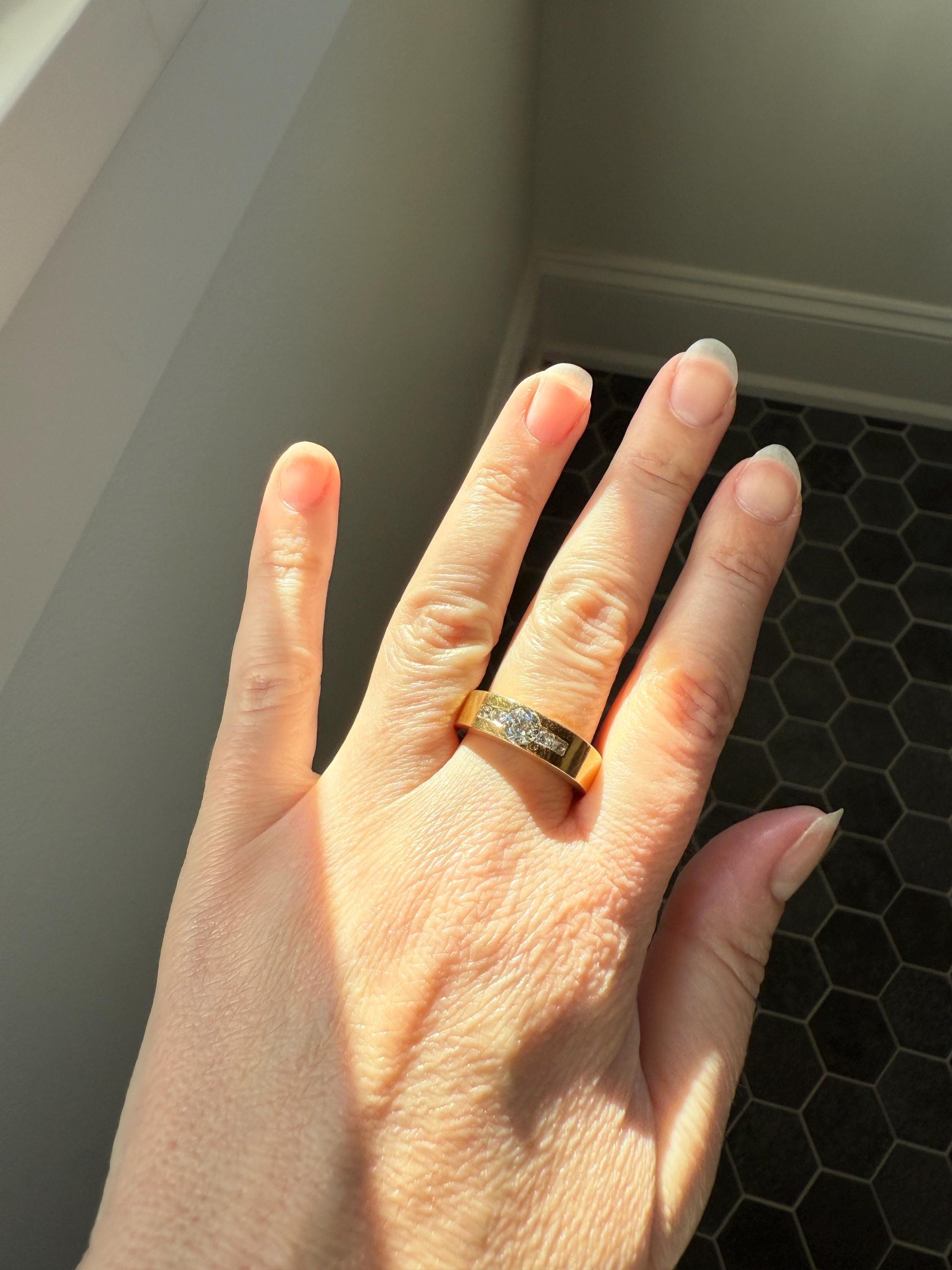 Chunky Unisex Eye Clean .9 Carat Ctw Old Mine Cut DIAMOND Cigar Band Heavy 8.2g 18k Gold Gypsy Ring Stacker Five Stone Vintage to Antique