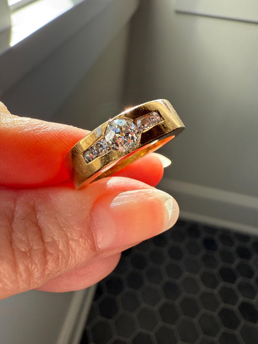 Chunky Unisex Eye Clean .9 Carat Ctw Old Mine Cut DIAMOND Cigar Band Heavy 8.2g 18k Gold Gypsy Ring Stacker Five Stone Vintage to Antique