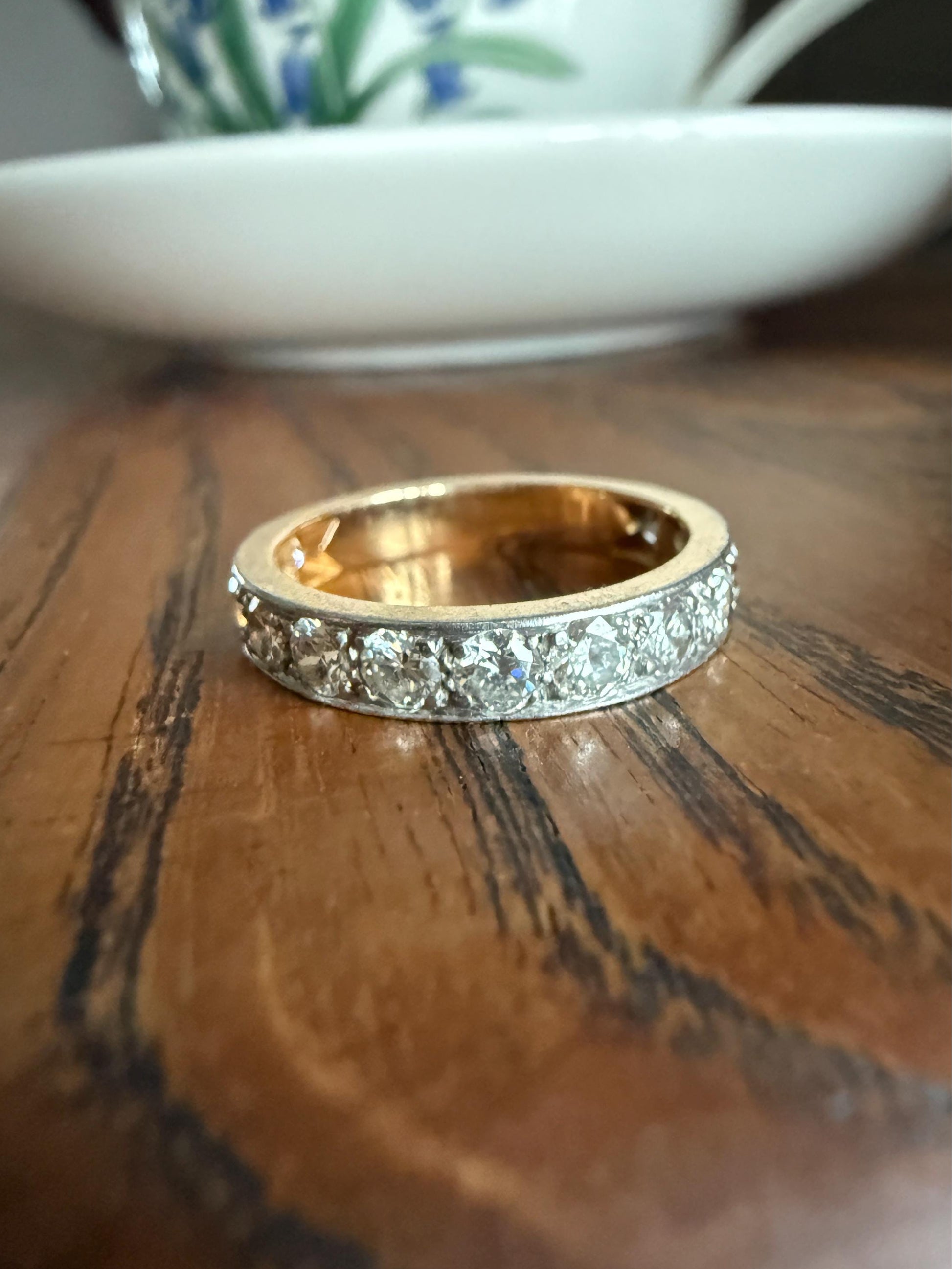 French Vintage Almost Eternity 1.8 Carat Transitional Cut Diamond Wedding Cigar Band Ring 3/4 Hoop 18k Gold Platinum Stacker Half Hoop