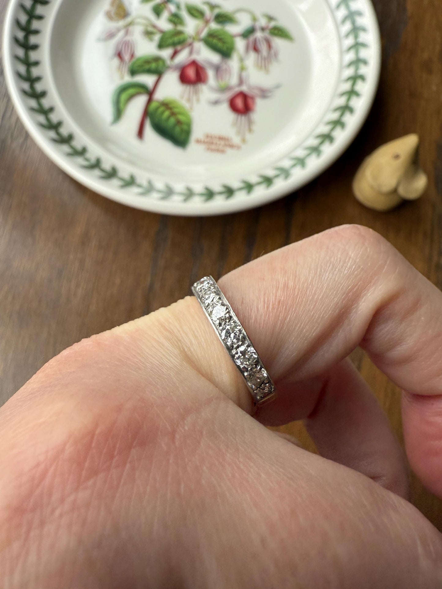 French Vintage Almost Eternity 1.8 Carat Transitional Cut Diamond Wedding Cigar Band Ring 3/4 Hoop 18k Gold Platinum Stacker Half Hoop