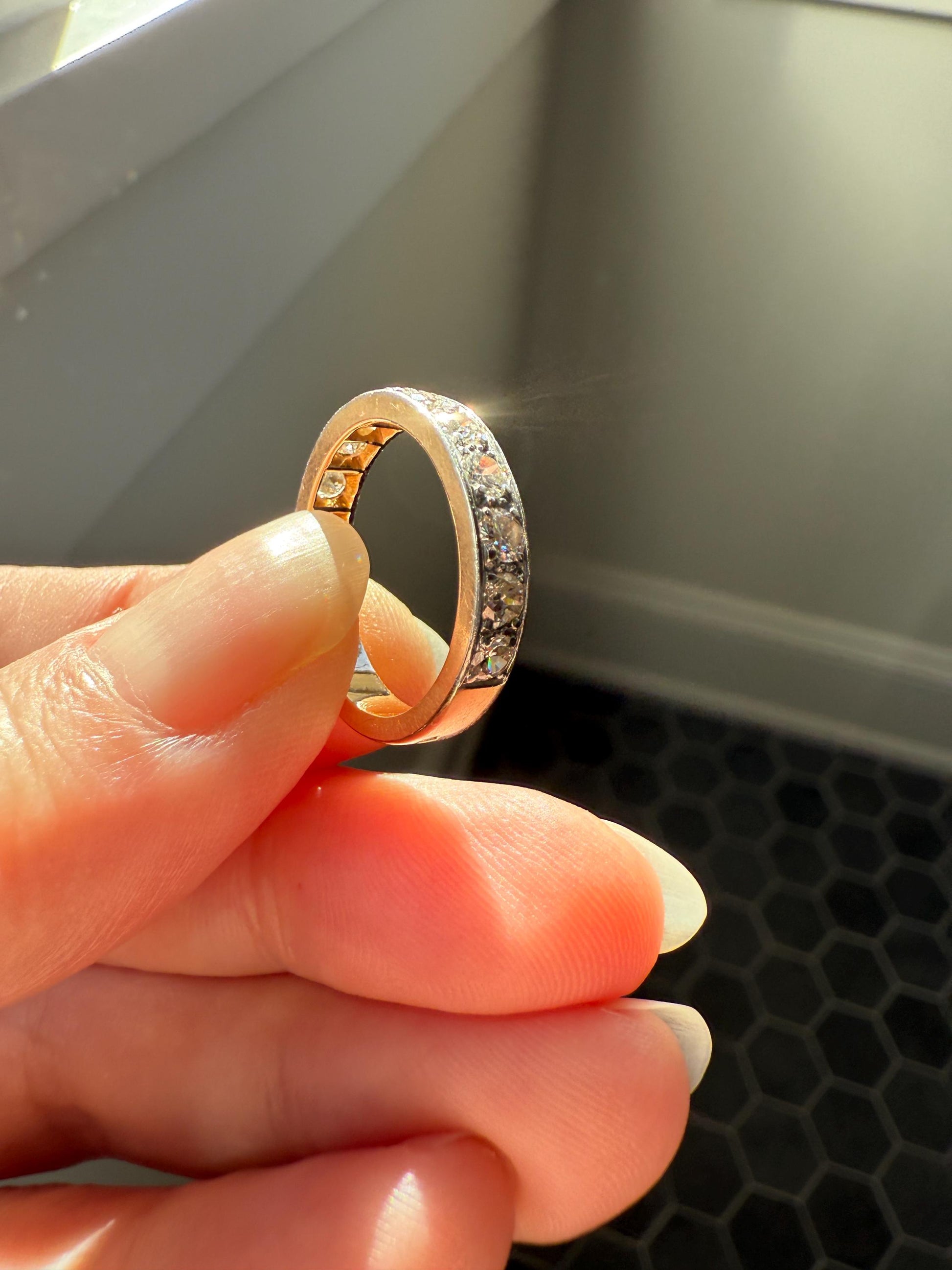 French Vintage Almost Eternity 1.8 Carat Transitional Cut Diamond Wedding Cigar Band Ring 3/4 Hoop 18k Gold Platinum Stacker Half Hoop