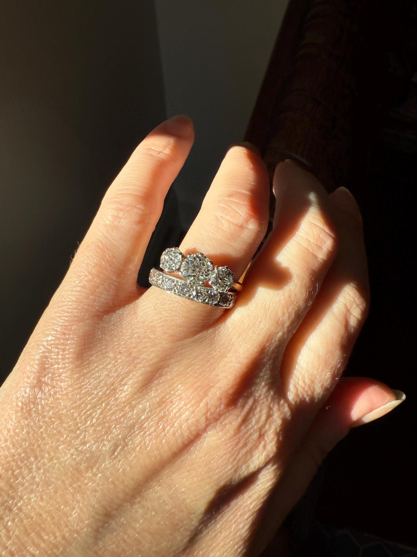 French Vintage Almost Eternity 1.8 Carat Transitional Cut Diamond Wedding Cigar Band Ring 3/4 Hoop 18k Gold Platinum Stacker Half Hoop