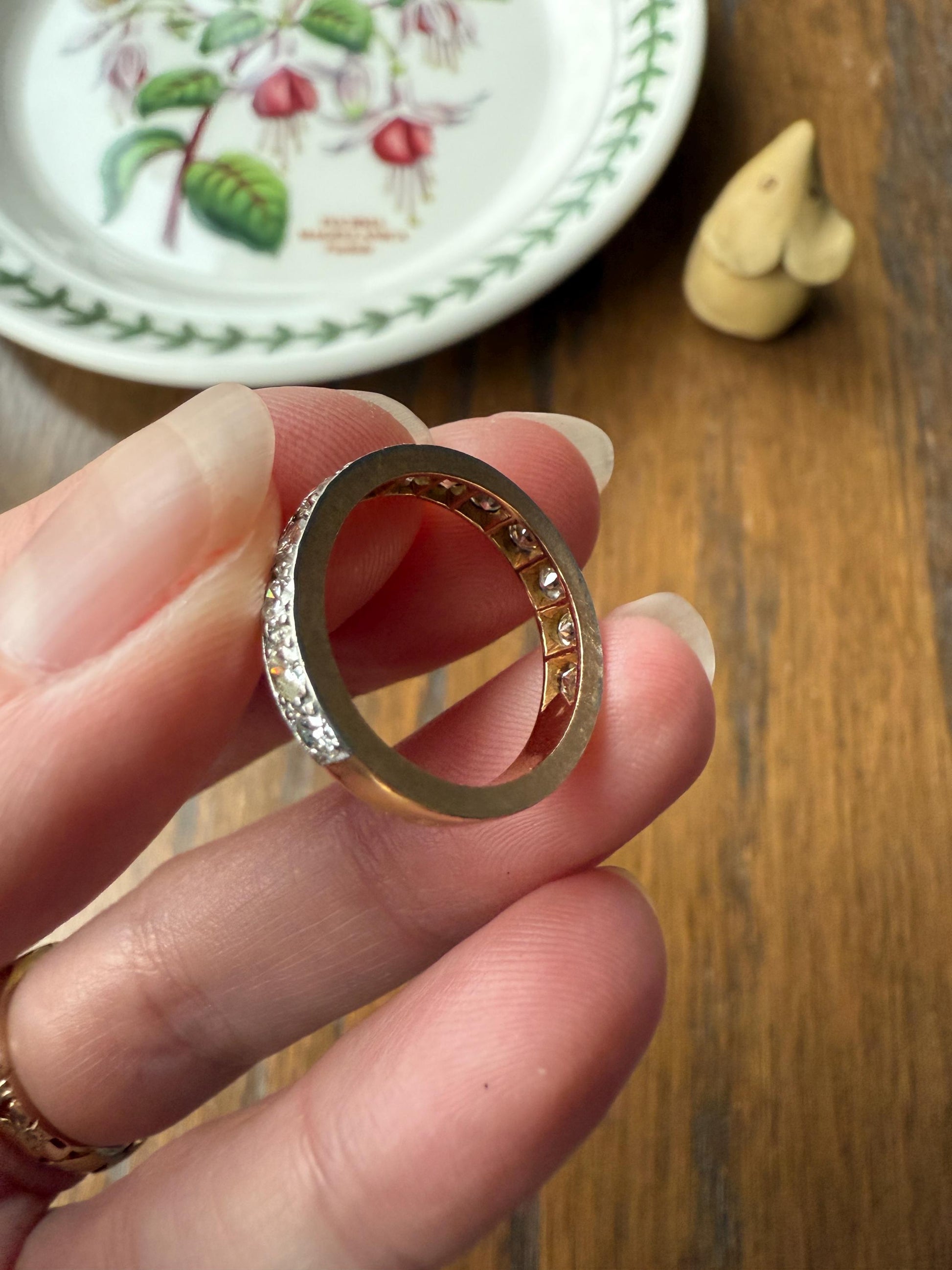 French Vintage Almost Eternity 1.8 Carat Transitional Cut Diamond Wedding Cigar Band Ring 3/4 Hoop 18k Gold Platinum Stacker Half Hoop
