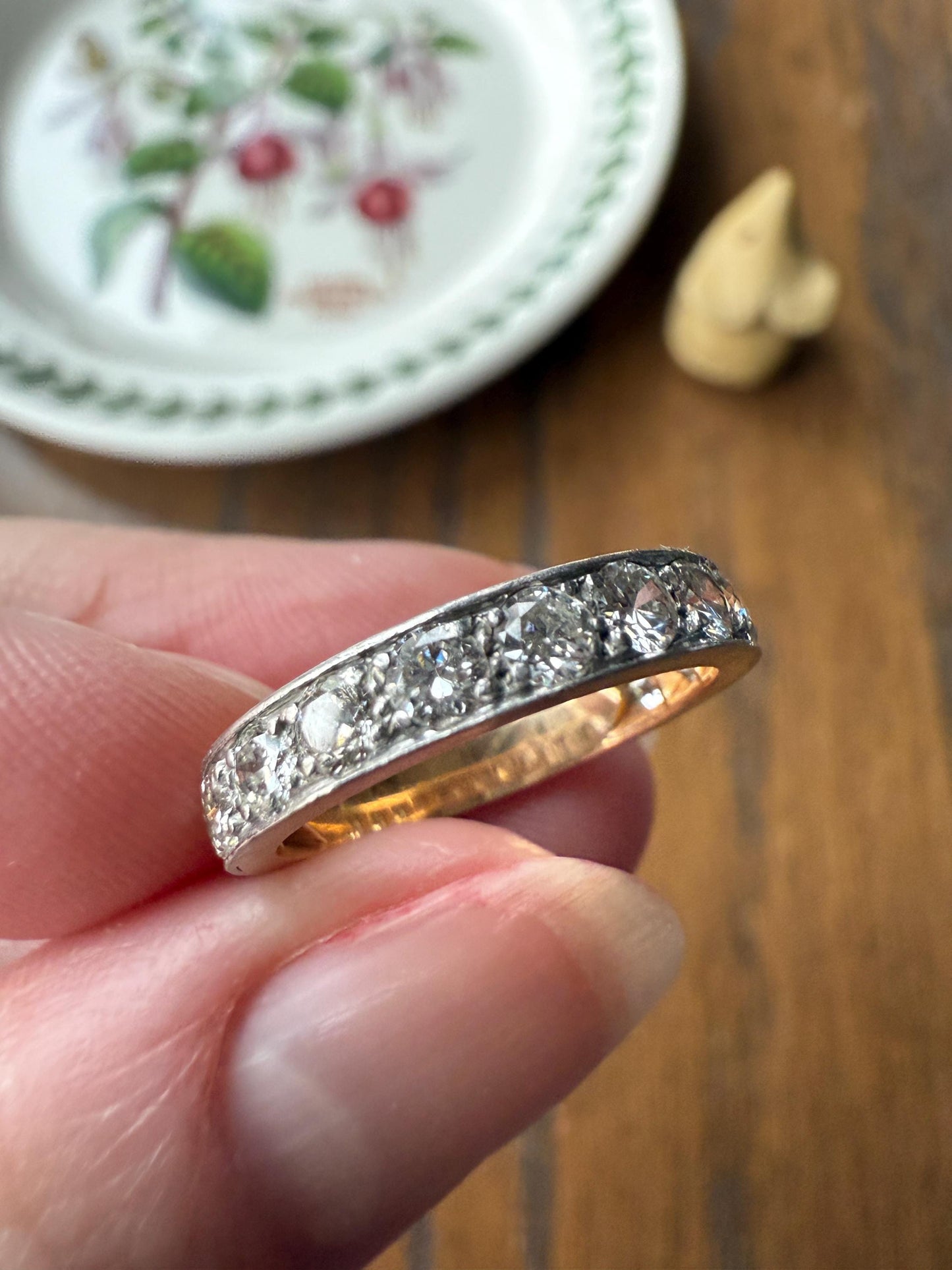French Vintage Almost Eternity 1.8 Carat Transitional Cut Diamond Wedding Cigar Band Ring 3/4 Hoop 18k Gold Platinum Stacker Half Hoop