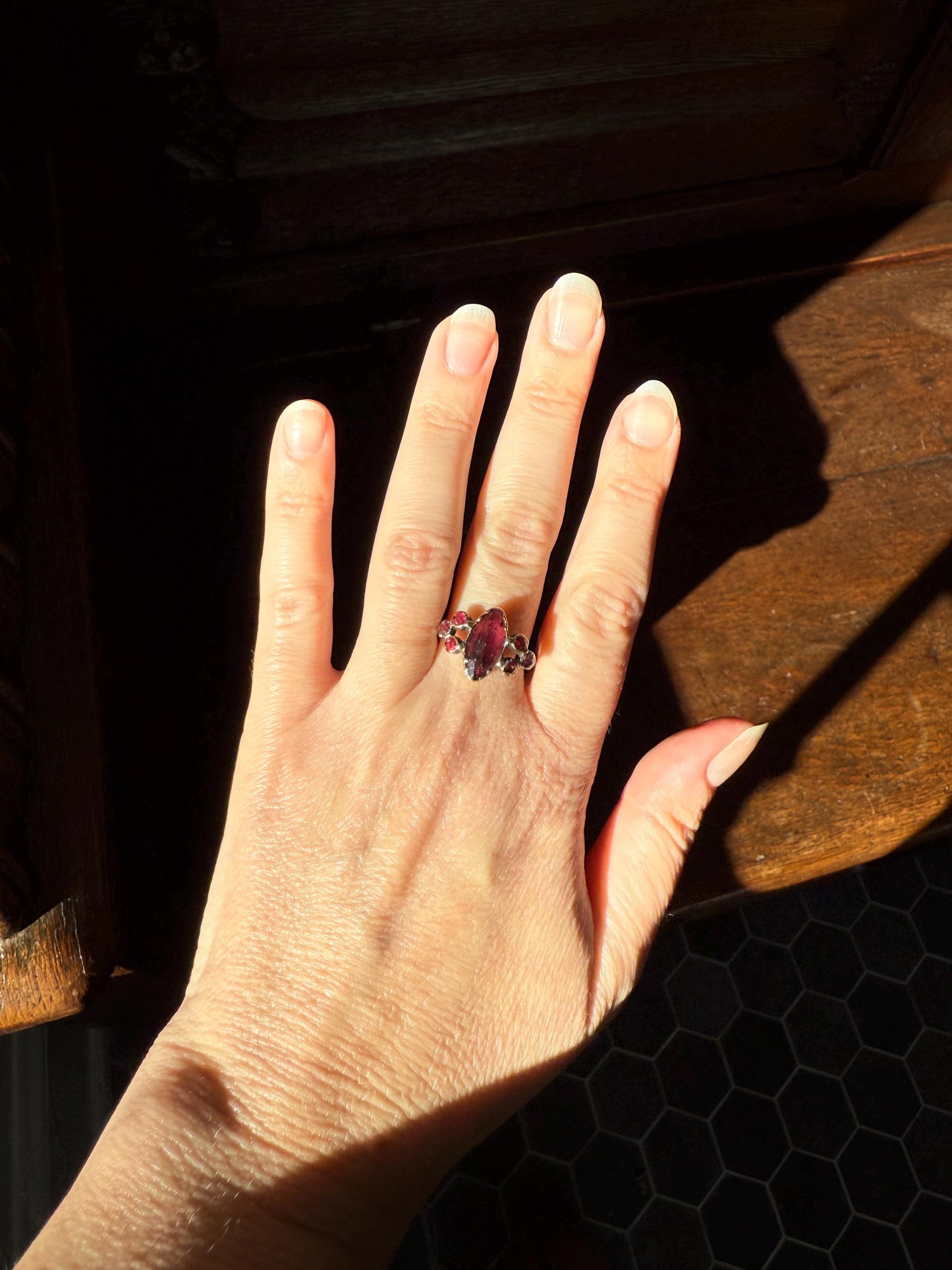 Victorian Perpignan Rose Cut GARNET French Seven Stone Ring Marquise & Round Betrothal Band 18k Gold Antique Period Hallmark Juicy Glow Red