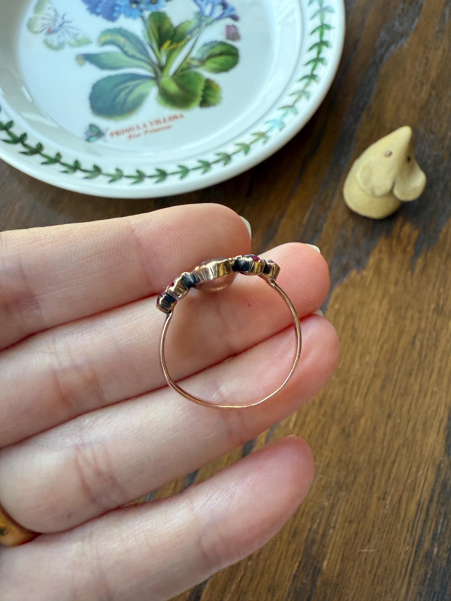 Victorian Perpignan Rose Cut GARNET French Seven Stone Ring Marquise & Round Betrothal Band 18k Gold Antique Period Hallmark Juicy Glow Red