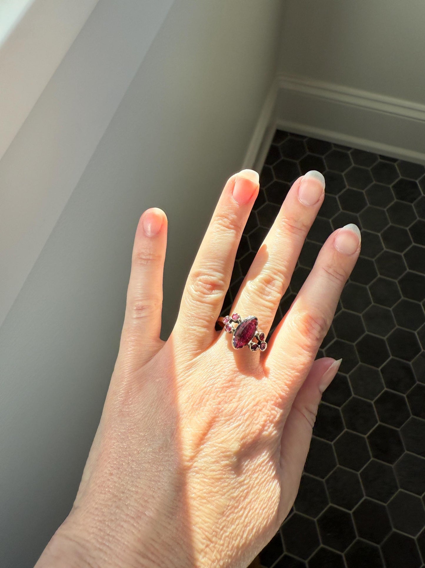 Victorian Perpignan Rose Cut GARNET French Seven Stone Ring Marquise & Round Betrothal Band 18k Gold Antique Period Hallmark Juicy Glow Red