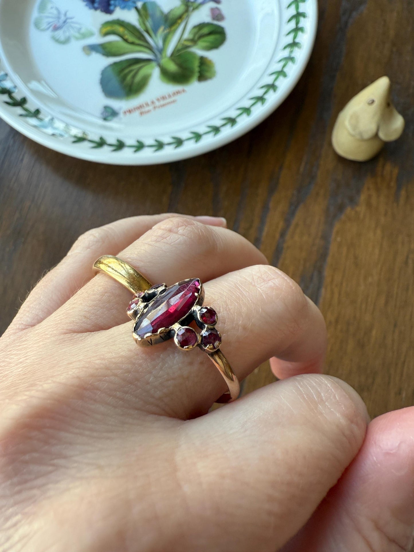 Victorian Perpignan Rose Cut GARNET French Seven Stone Ring Marquise & Round Betrothal Band 18k Gold Antique Period Hallmark Juicy Glow Red