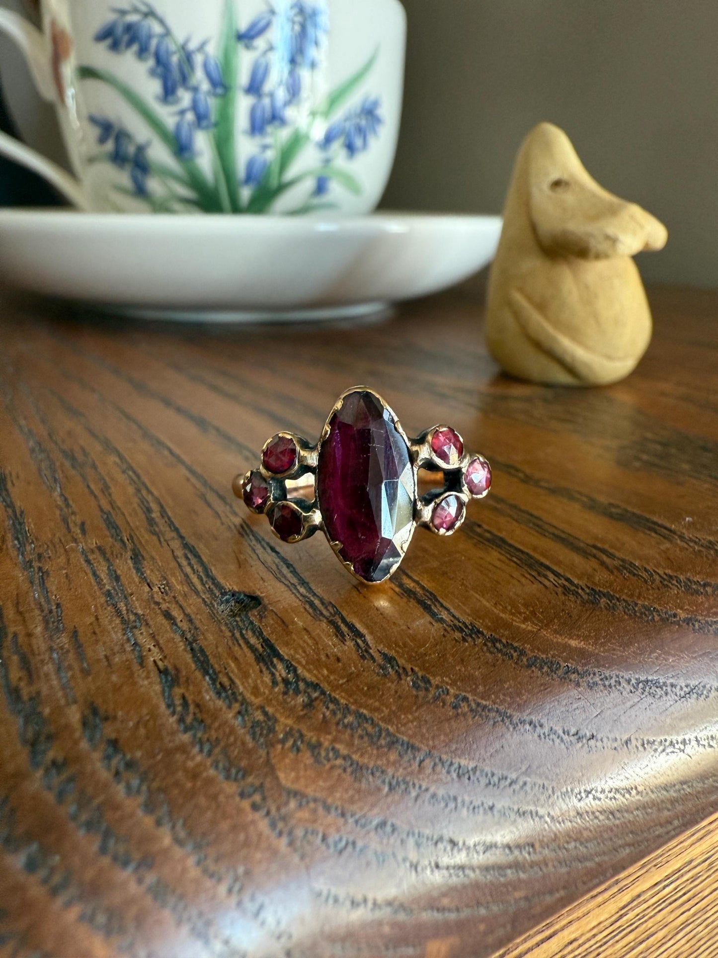 Victorian Perpignan Rose Cut GARNET French Seven Stone Ring Marquise & Round Betrothal Band 18k Gold Antique Period Hallmark Juicy Glow Red