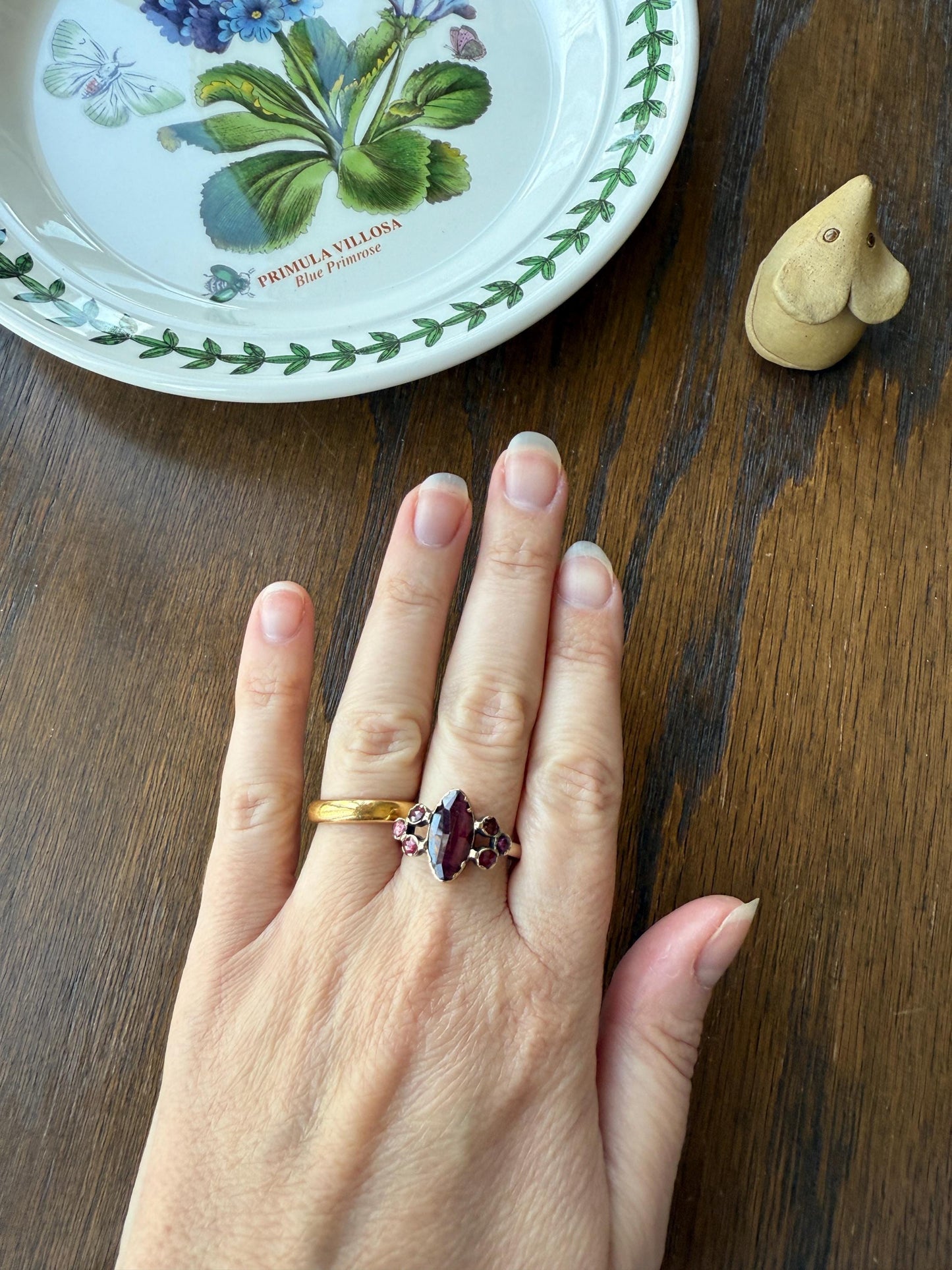 Victorian Perpignan Rose Cut GARNET French Seven Stone Ring Marquise & Round Betrothal Band 18k Gold Antique Period Hallmark Juicy Glow Red