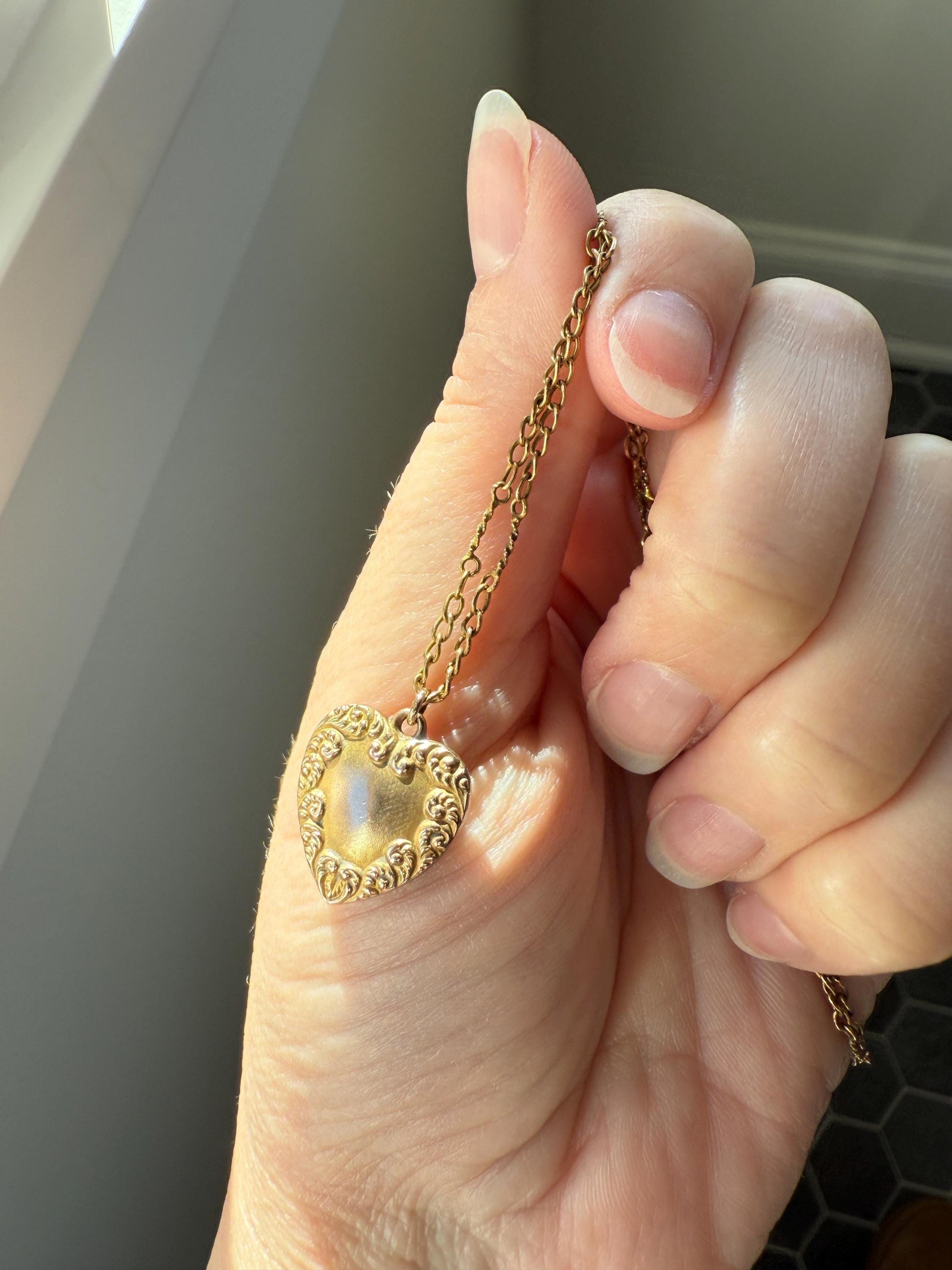 Esther's HEART Necklace Dated March 29, 1901 Reversible 10k Pendant on 14k Gold Chain Ornate Link Figural Sweetie