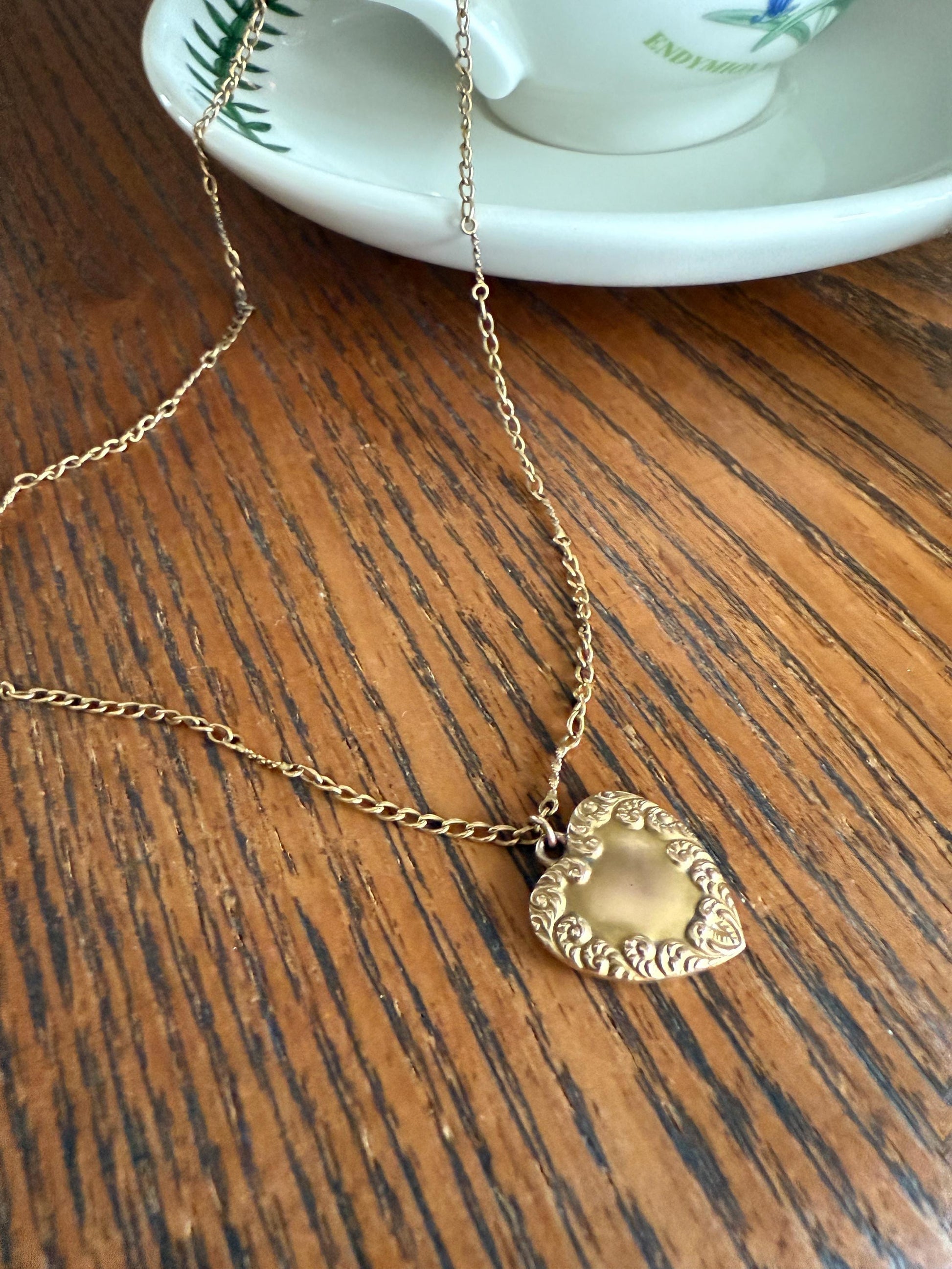 Esther's HEART Necklace Dated March 29, 1901 Reversible 10k Pendant on 14k Gold Chain Ornate Link Figural Sweetie