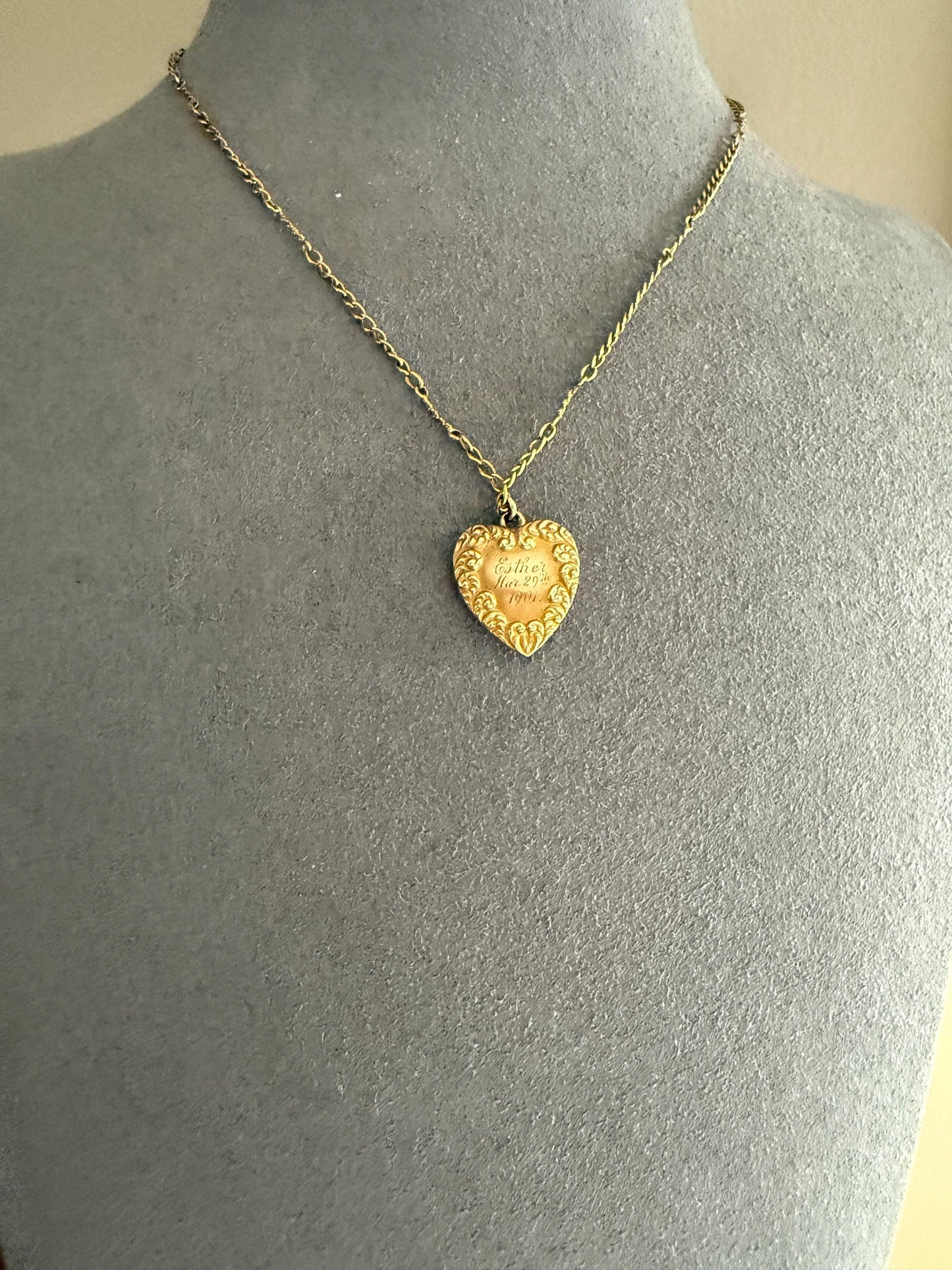 Esther's HEART Necklace Dated March 29, 1901 Reversible 10k Pendant on 14k Gold Chain Ornate Link Figural Sweetie
