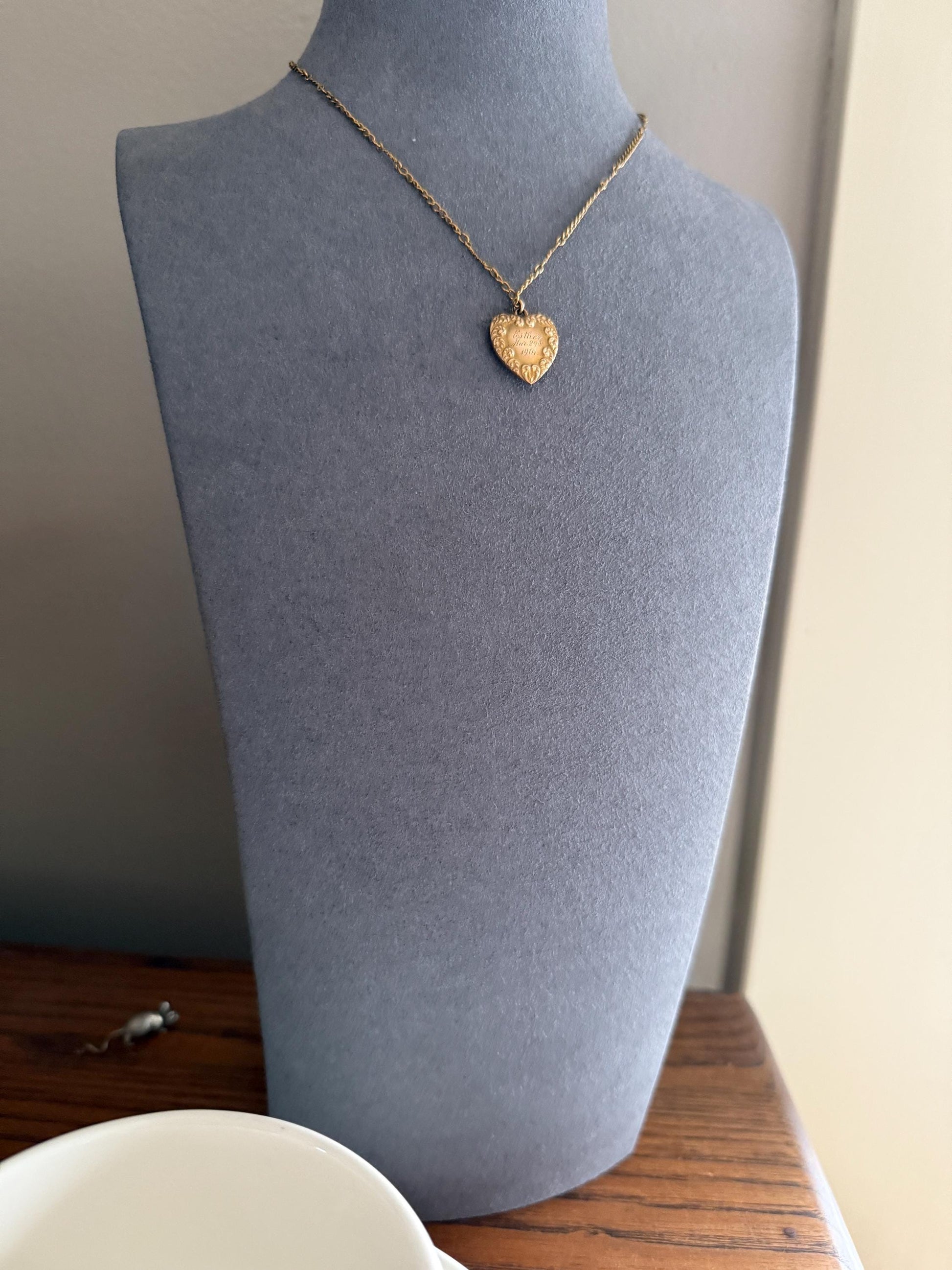Esther's HEART Necklace Dated March 29, 1901 Reversible 10k Pendant on 14k Gold Chain Ornate Link Figural Sweetie