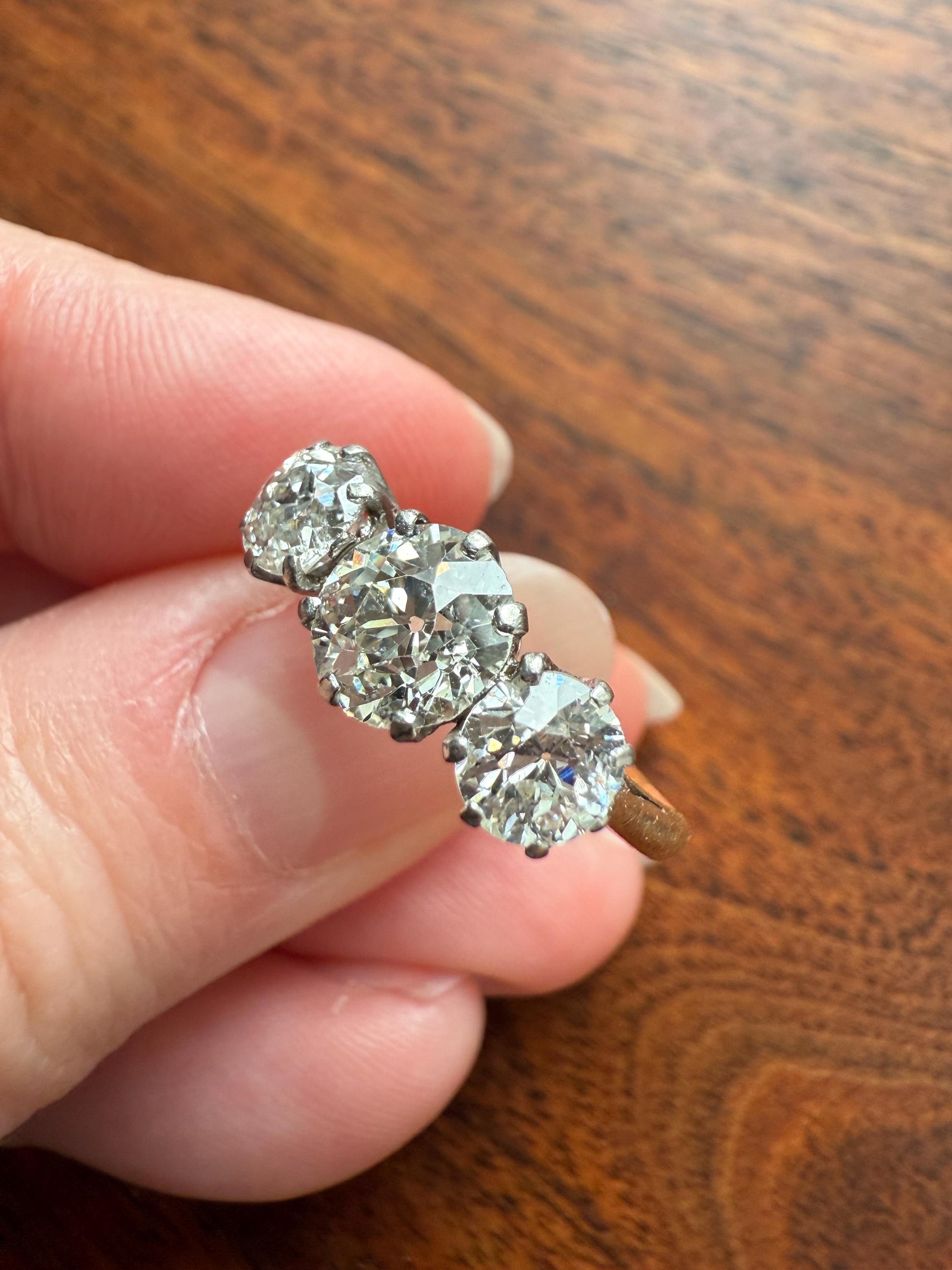 Antique Three Stone 2.3 Carats Old Mine Cut DiAMOND Ring 18k GOLD Platinum Chunky Tall Stacker Stackable Band 2.3Ctw OMC