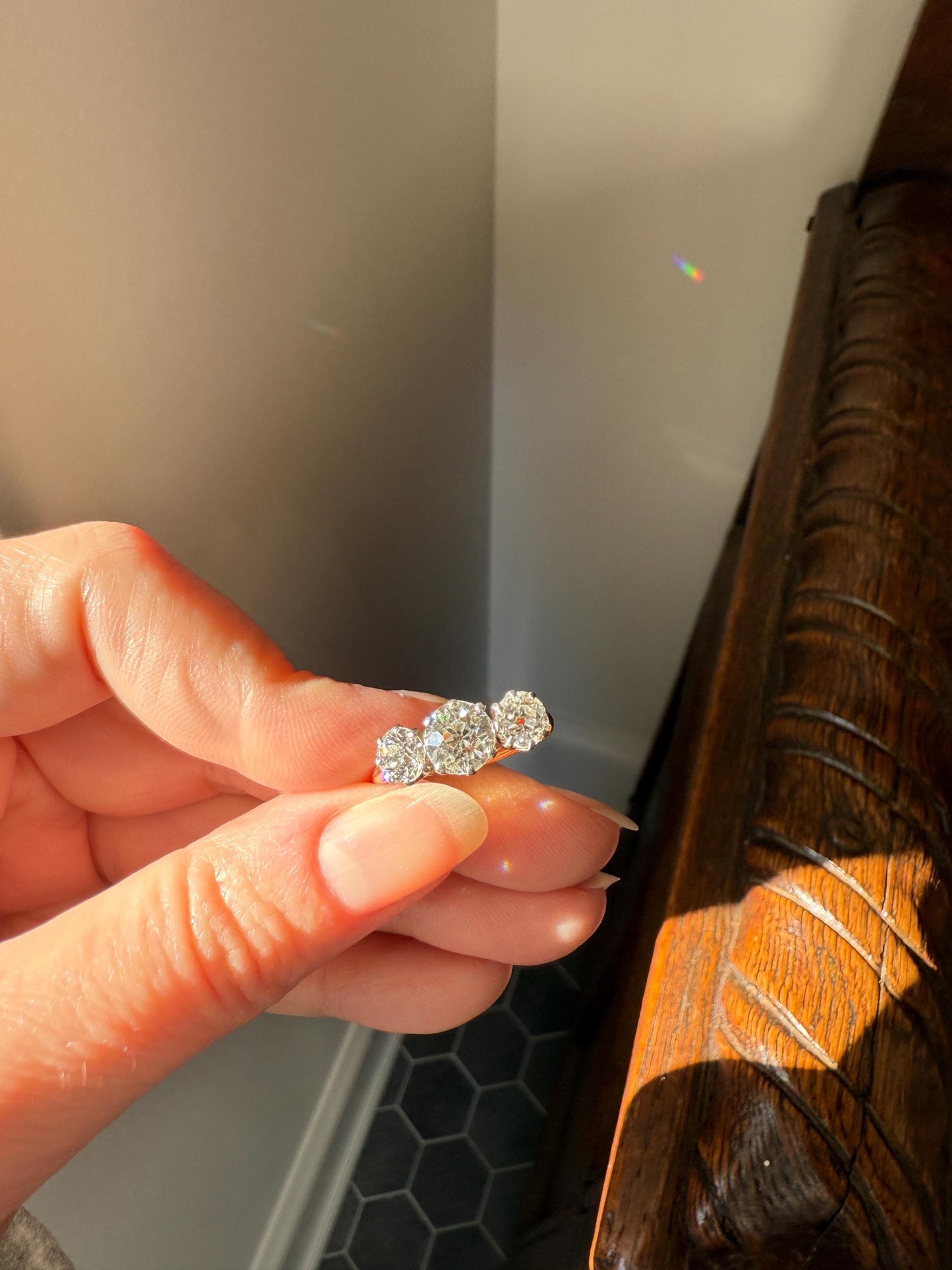 Antique Three Stone 2.3 Carats Old Mine Cut DiAMOND Ring 18k GOLD Platinum Chunky Tall Stacker Stackable Band 2.3Ctw OMC