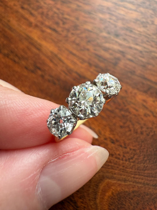 Antique Three Stone 2.3 Carats Old Mine Cut DiAMOND Ring 18k GOLD Platinum Chunky Tall Stacker Stackable Band 2.3Ctw OMC