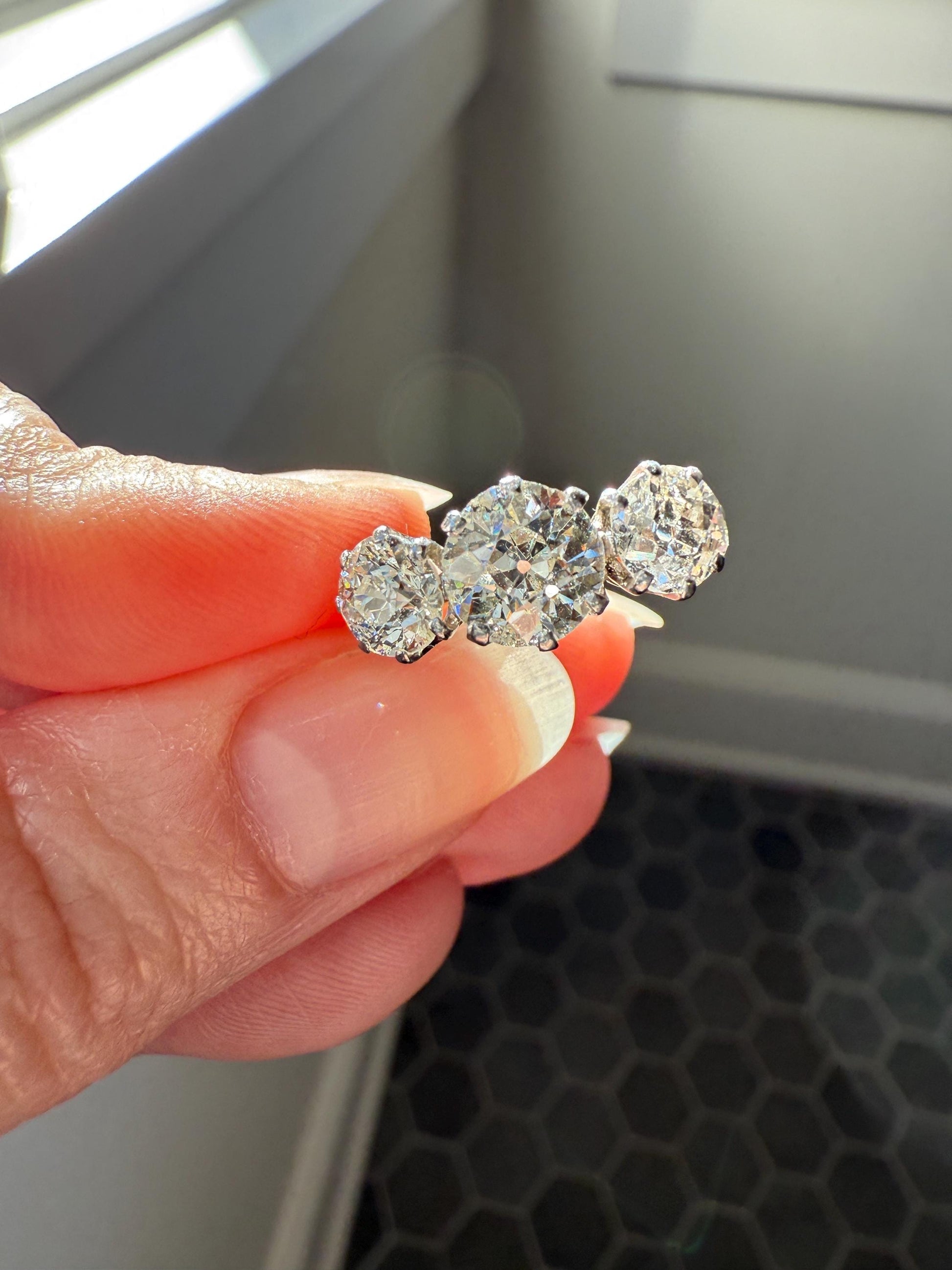 Antique Three Stone 2.3 Carats Old Mine Cut DiAMOND Ring 18k GOLD Platinum Chunky Tall Stacker Stackable Band 2.3Ctw OMC